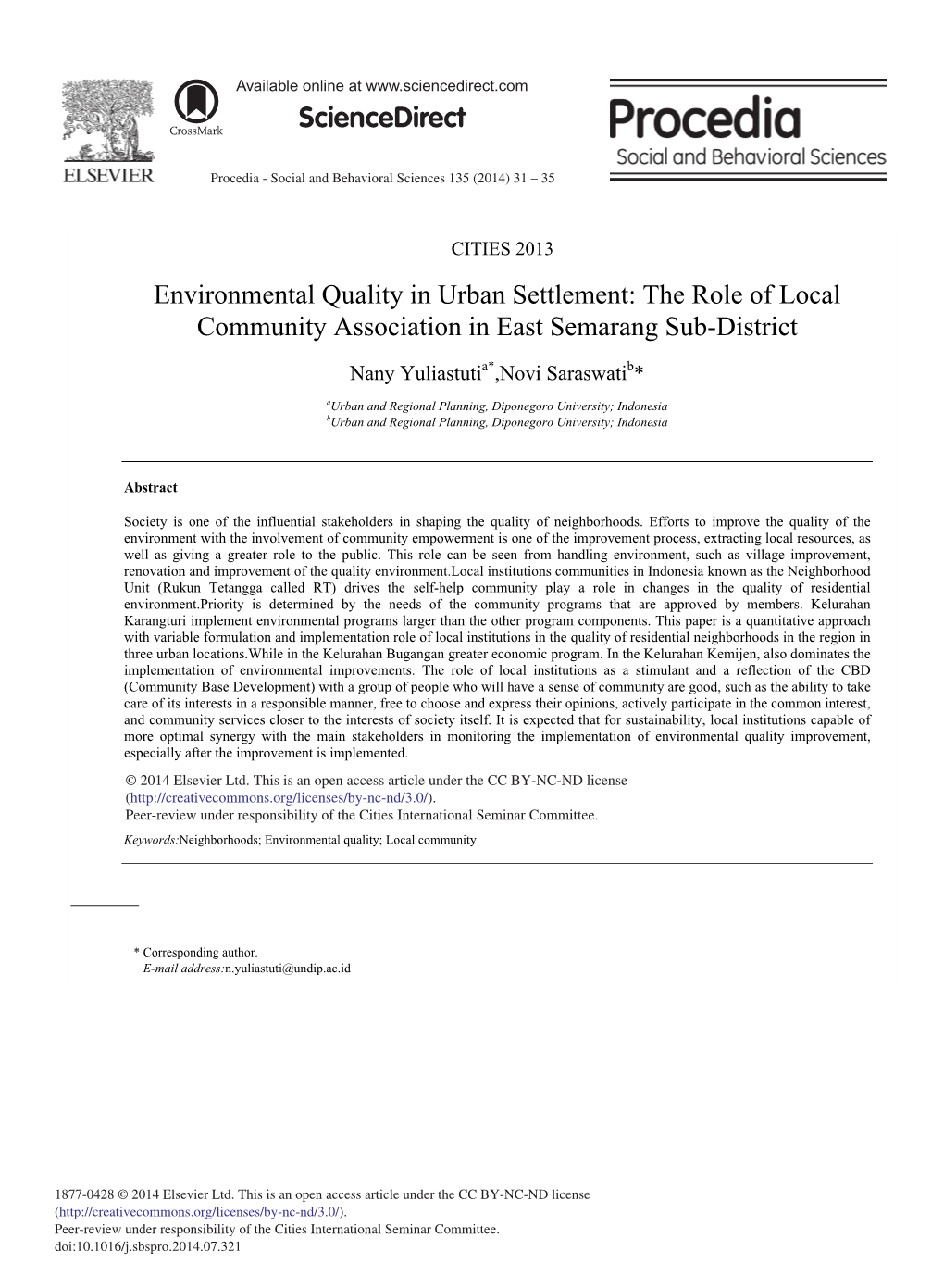 Environmental Quality in Urban Settlement: the Role of Local Community Association in East Semarang Sub-District