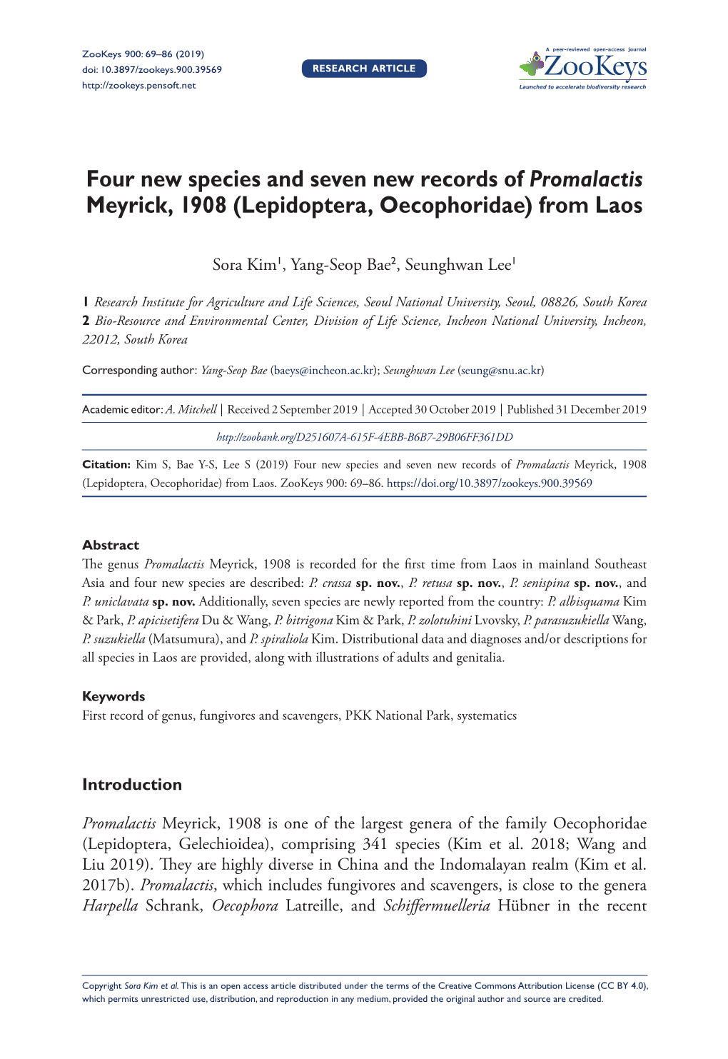 Four New Species and Seven New Records of Promalactis Meyrick, 1908 (Lepidoptera, Oecophoridae) from Laos