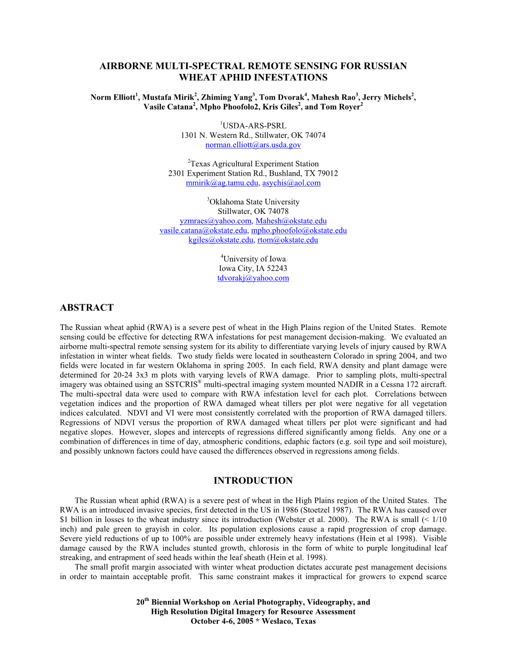 Airborne Multispectral Remote Sensing for Russian Wheat Aphid