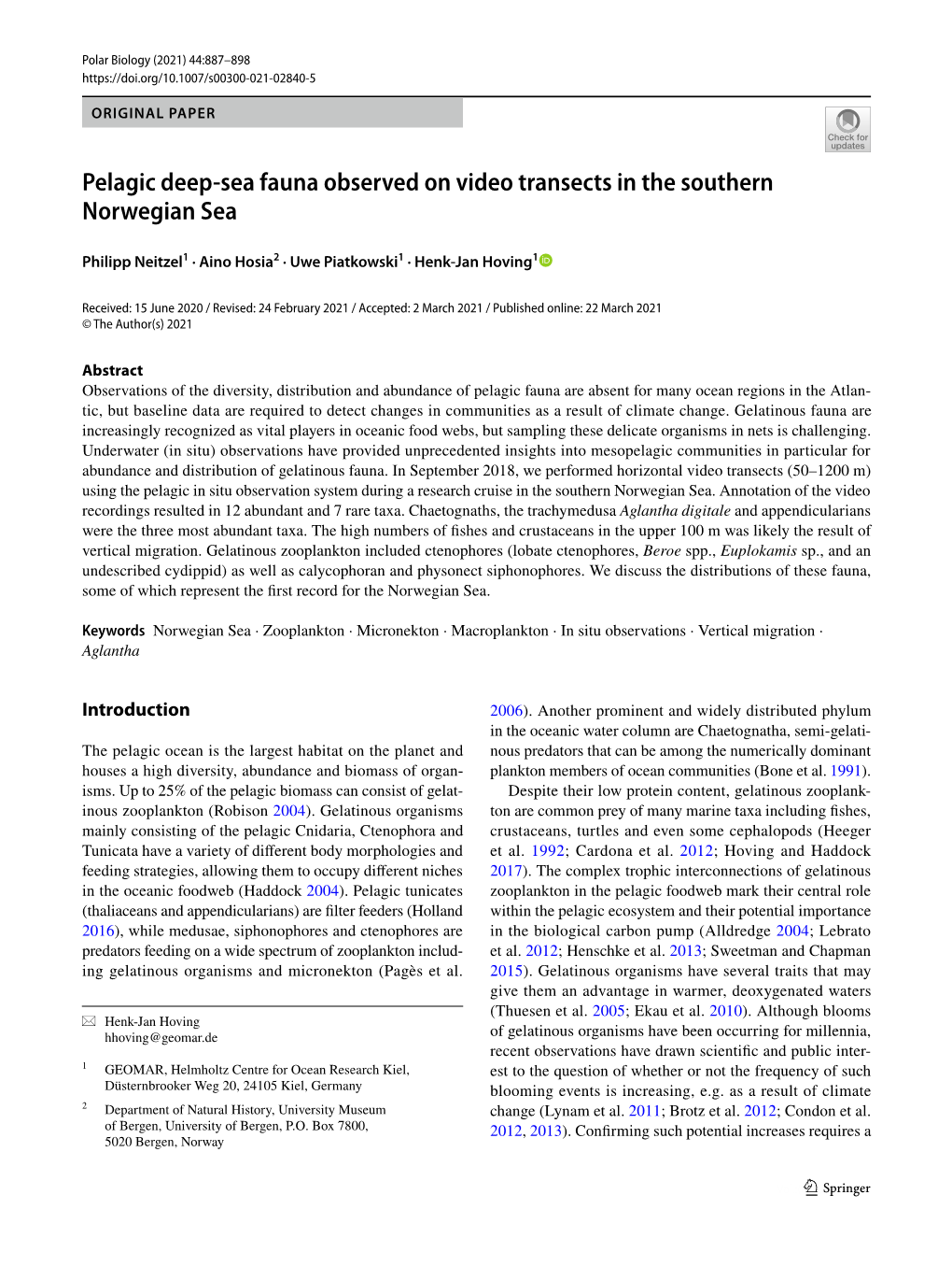 Pelagic Deep-Sea Fauna Observed on Video Transects in The