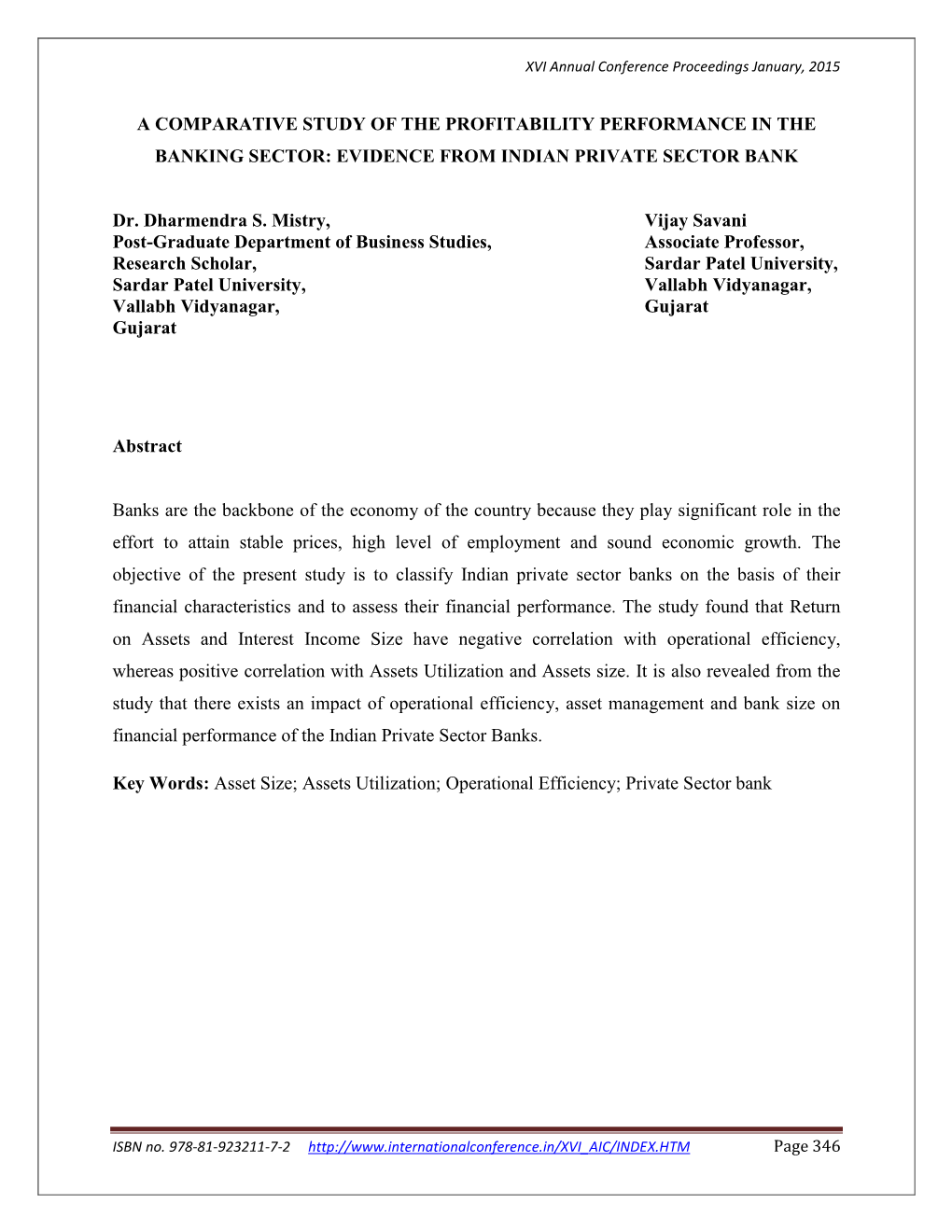 A Comparative Study of the Profitability Performance in the Banking Sector: Evidence from Indian Private Sector Bank