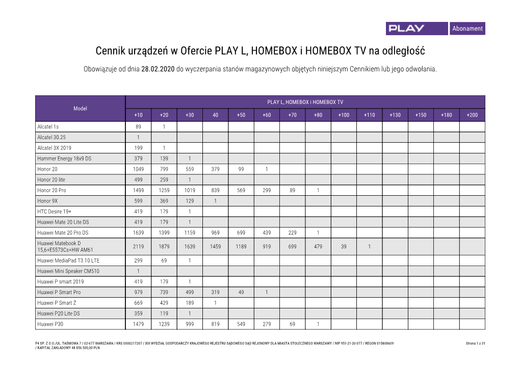 Cennik Urządzeń W Ofercie PLAY L, HOMEBOX I HOMEBOX TV Na Odległość