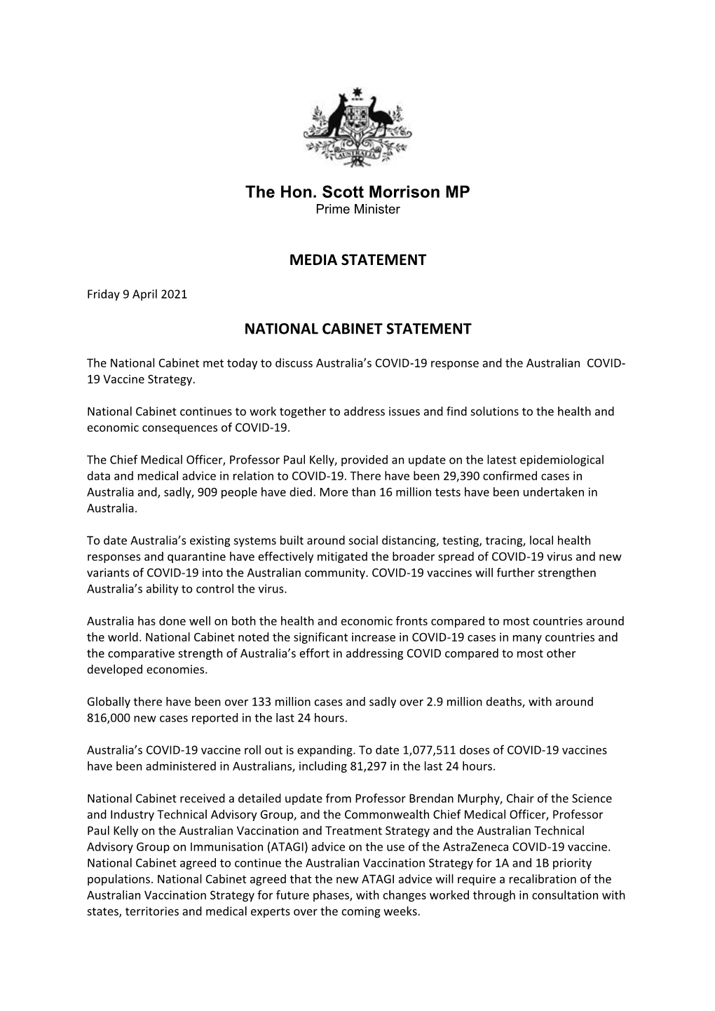 The Hon. Scott Morrison MP MEDIA STATEMENT NATIONAL CABINET