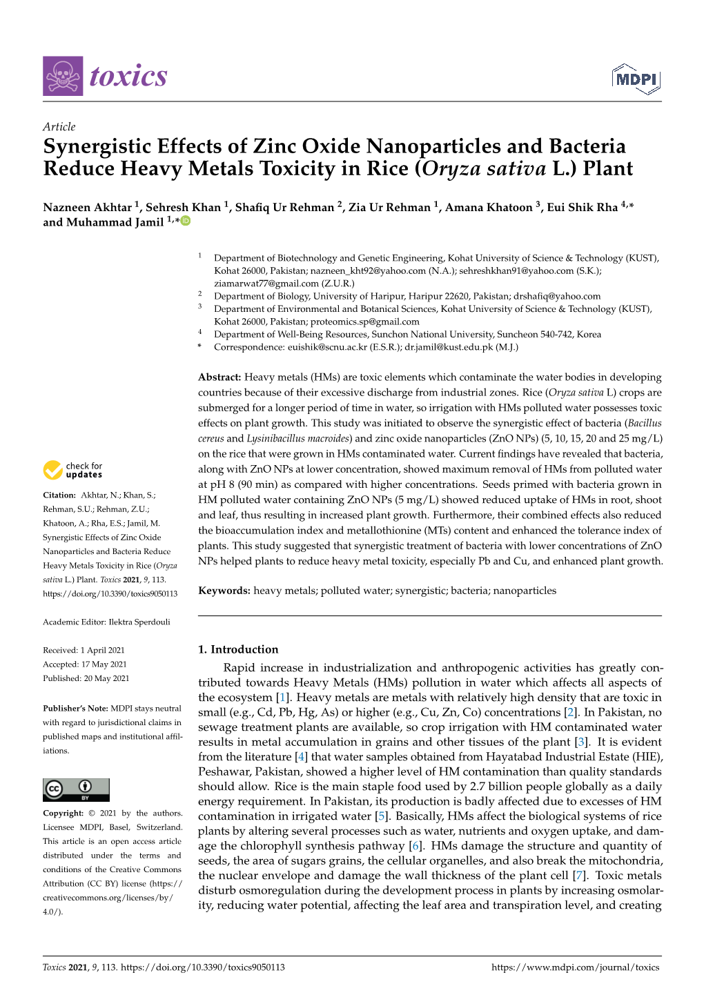 Synergistic Effects of Zinc Oxide Nanoparticles and Bacteria Reduce Heavy Metals Toxicity in Rice (Oryza Sativa L.) Plant