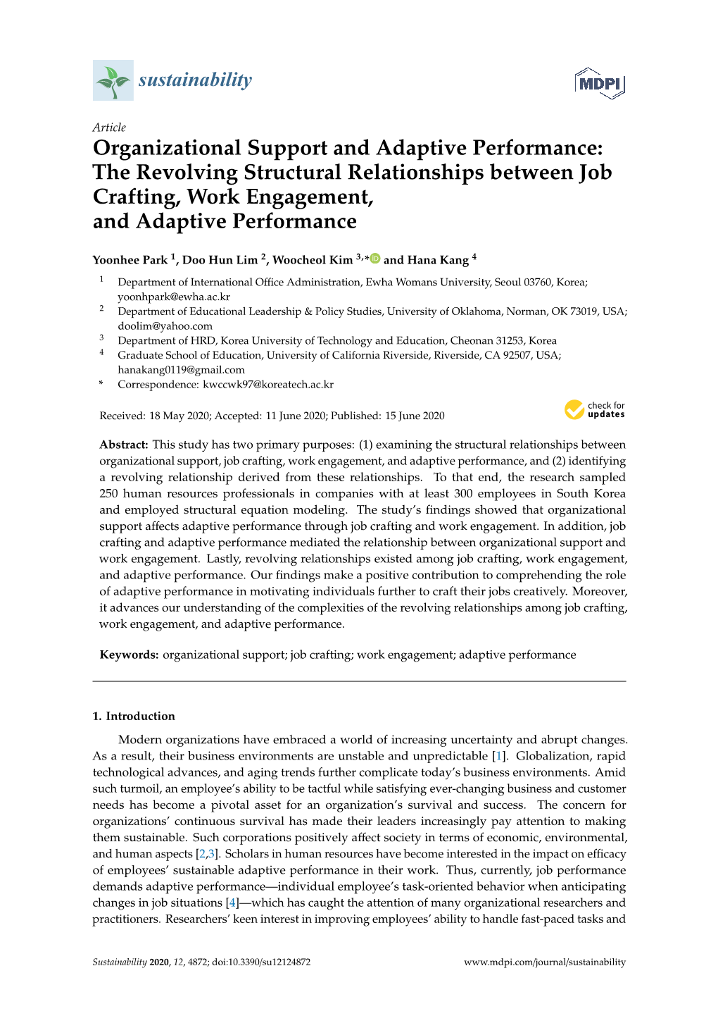 Organizational Support and Adaptive Performance: the Revolving Structural Relationships Between Job Crafting, Work Engagement, and Adaptive Performance