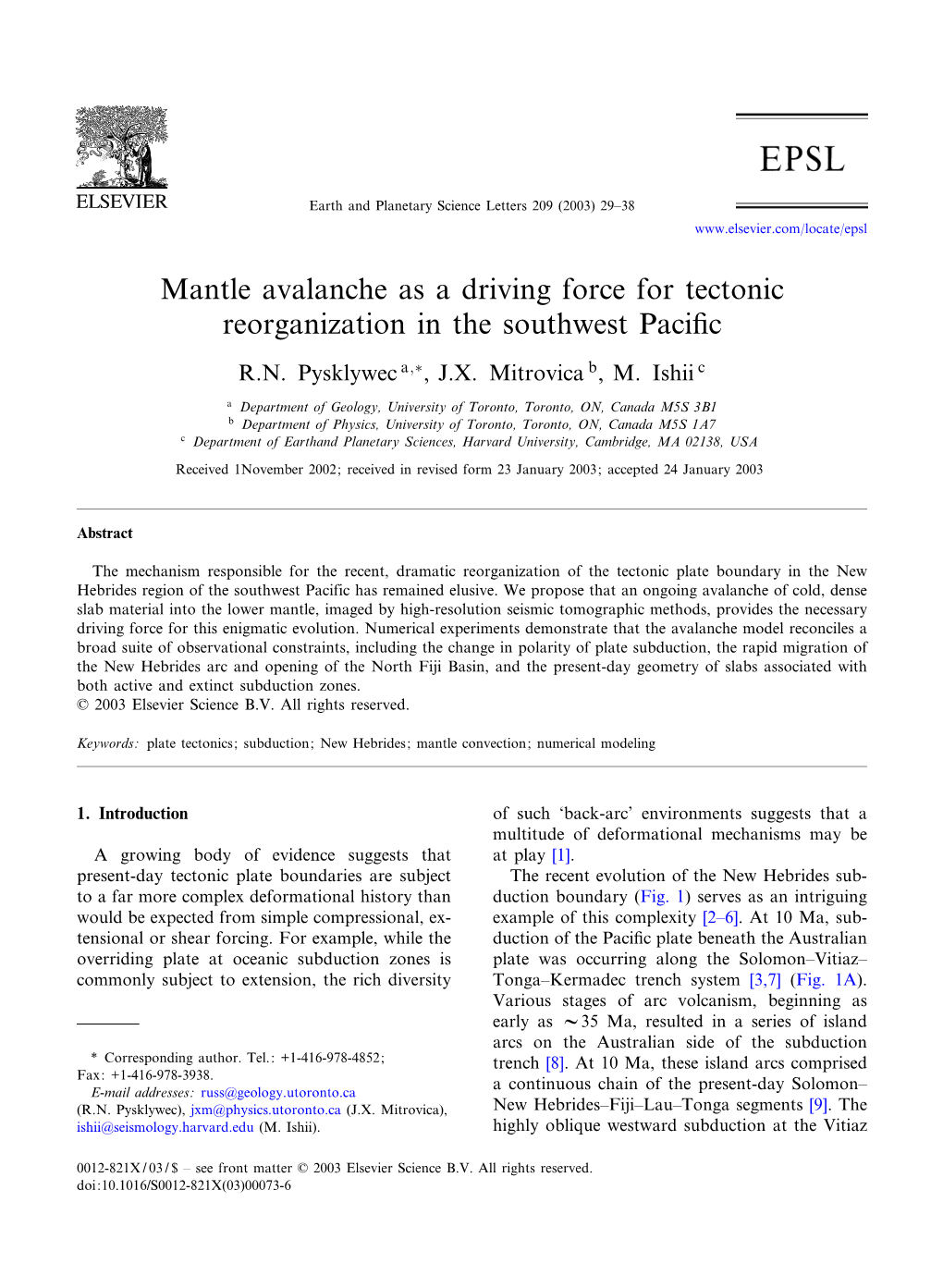 Mantle Avalanche As a Driving Force for Tectonic Reorganization in the Southwest Paci¢C