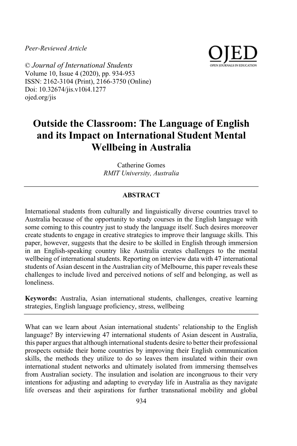 The Language of English and Its Impact on International Student Mental Wellbeing in Australia