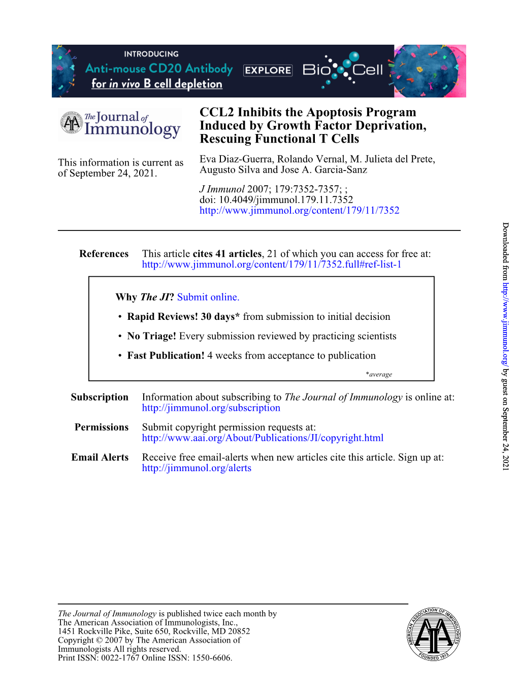 Rescuing Functional T Cells Induced by Growth Factor Deprivation, CCL2 Inhibits the Apoptosis Program