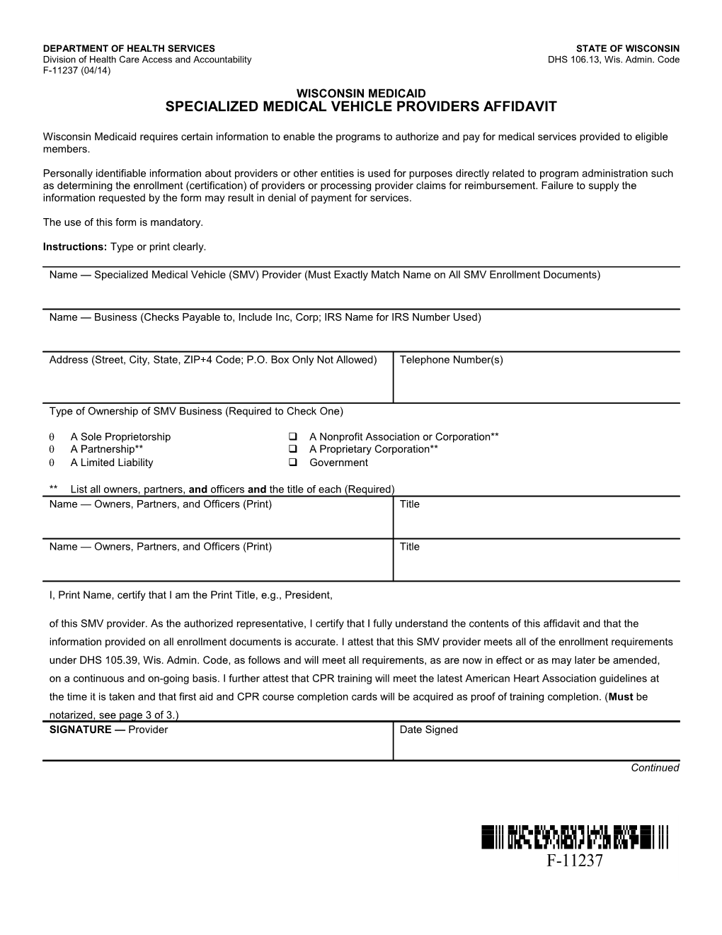 Wisconsin Medicaid Specialized Medical Vehicle Provider Affidavit