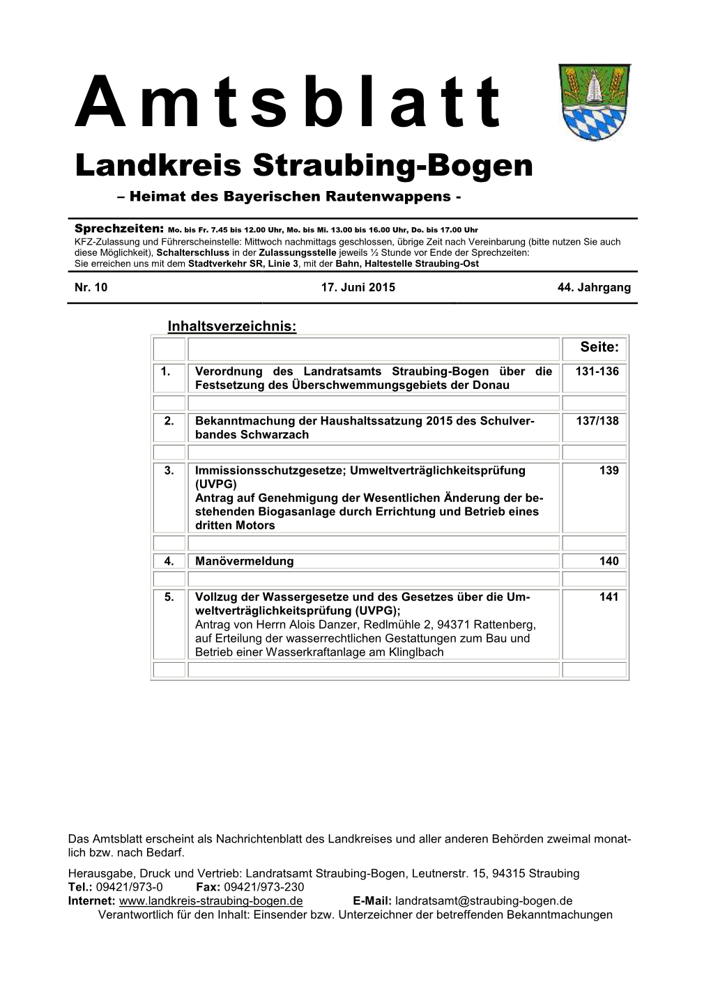 Amtsblatt Erscheint Als Nachrichtenblatt Des Landkreises Und Aller Anderen Behörden Zweimal Monat- Lich Bzw