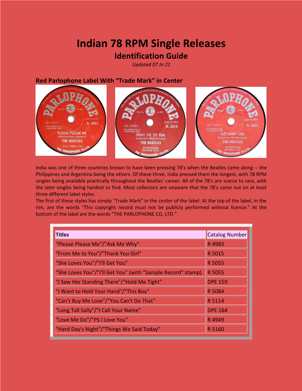 Beatles Indian 78'S, Identification Guide