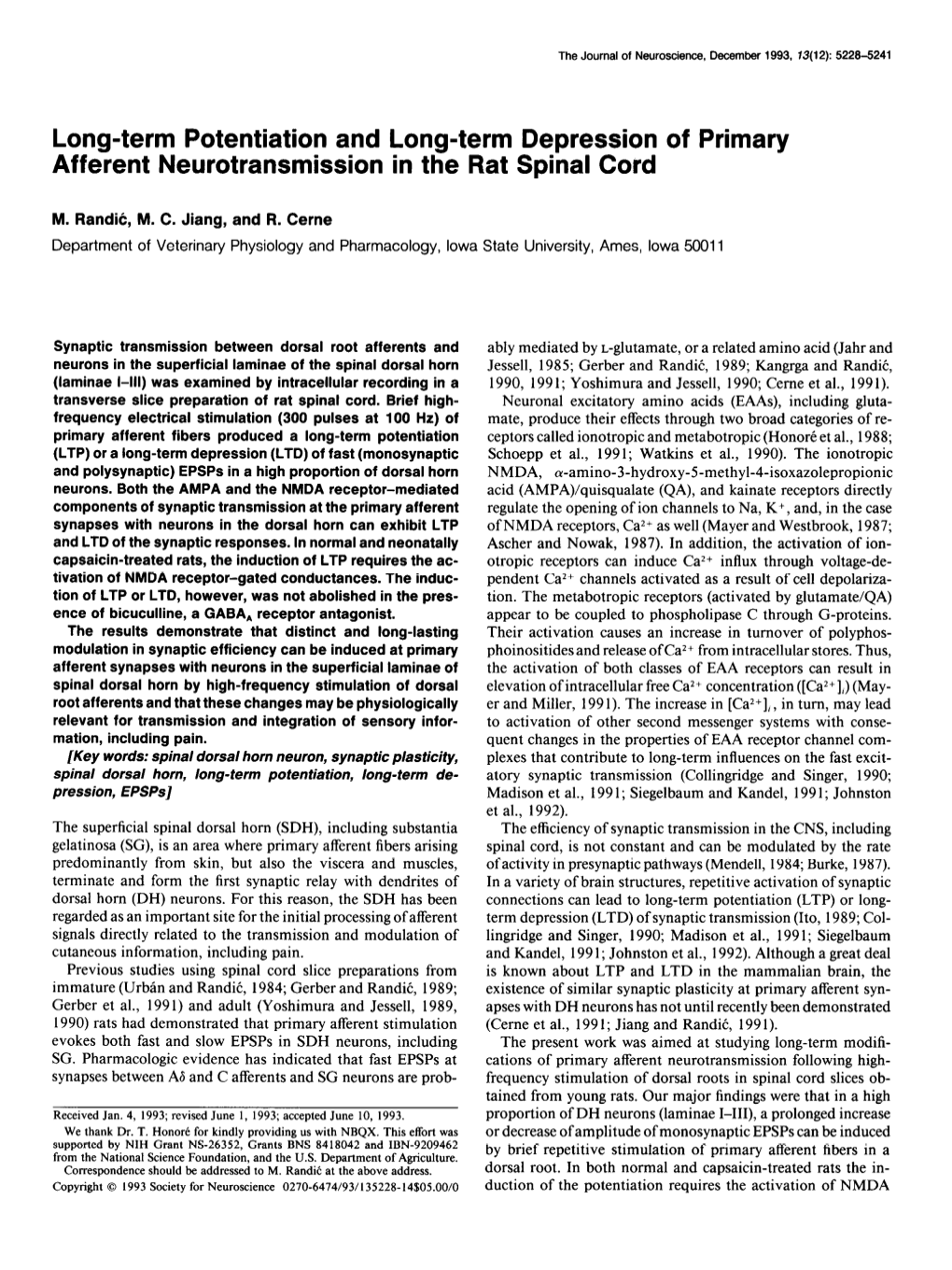 Long-Term Potentiation and Long-Term Depression of Primary Afferent Neurotransmission in the Rat Spinal Cord