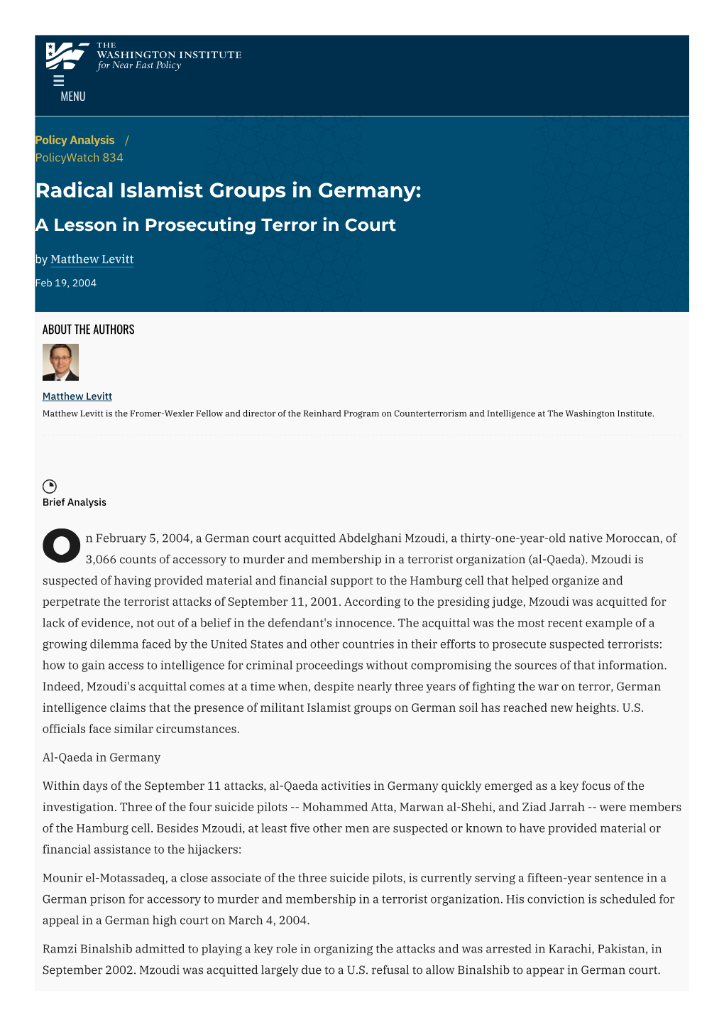 Radical Islamist Groups in Germany: a Lesson in Prosecuting Terror in Court by Matthew Levitt