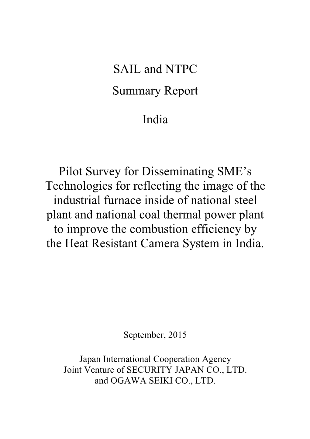 SAIL and NTPC Summary Report India Pilot Survey for Disseminating