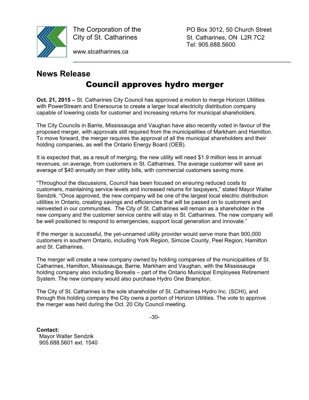 News Release Council Approves Hydro Merger