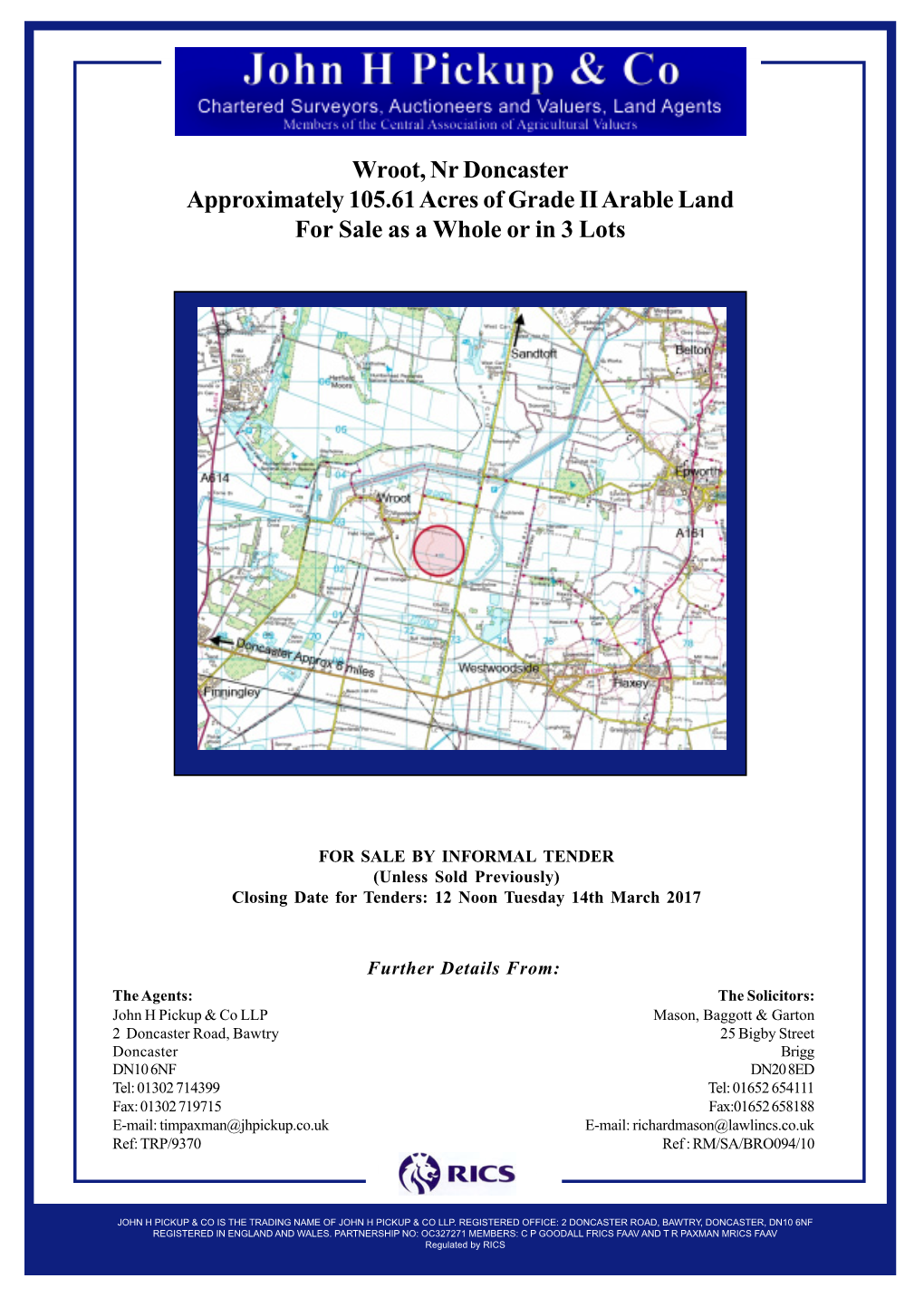 Wroot, Nr Doncaster Approximately 105.61 Acres of Grade II Arable Land for Sale As a Whole Or in 3 Lots