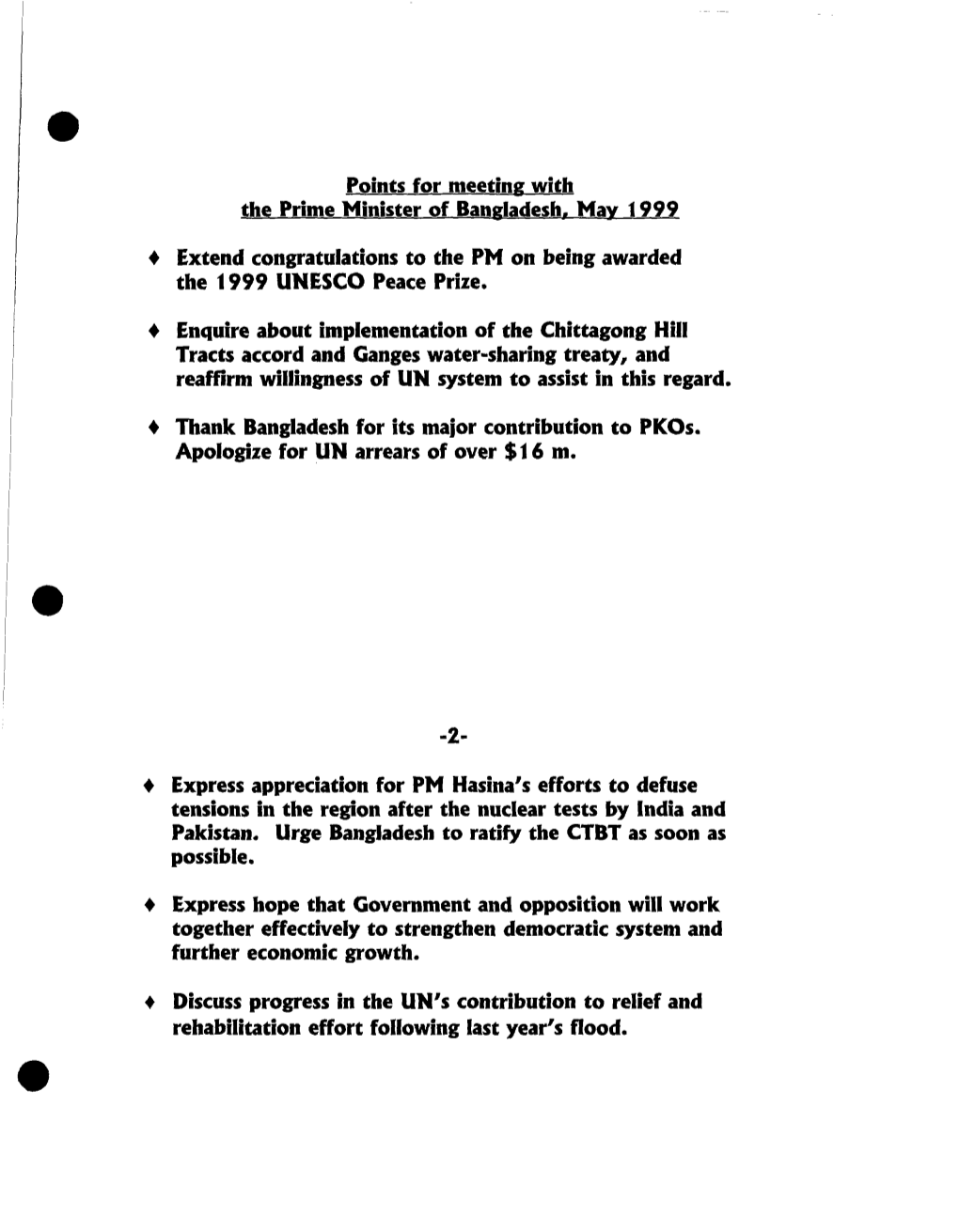 Points for Meeting with the Prime Minister of Bangladesh. May 1999