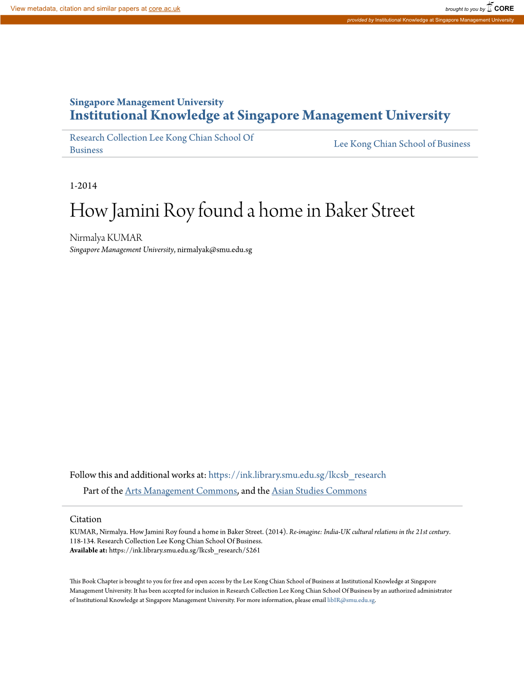 How Jamini Roy Found a Home in Baker Street Nirmalya KUMAR Singapore Management University, Nirmalyak@Smu.Edu.Sg