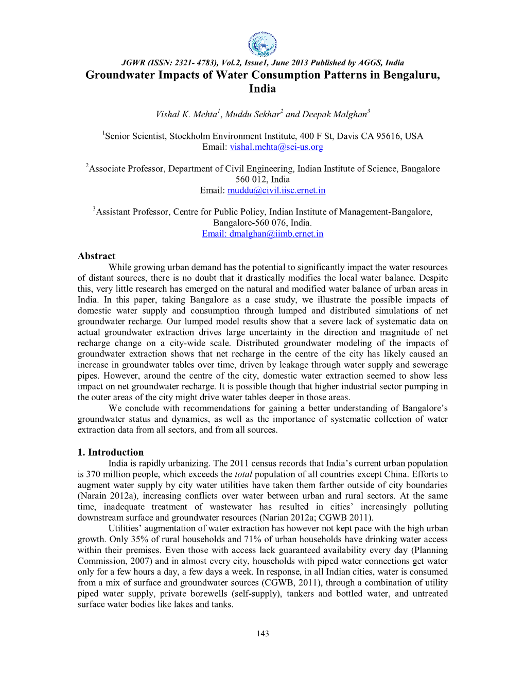 Groundwater Impacts of Water Consumption Patterns in Bengaluru, India