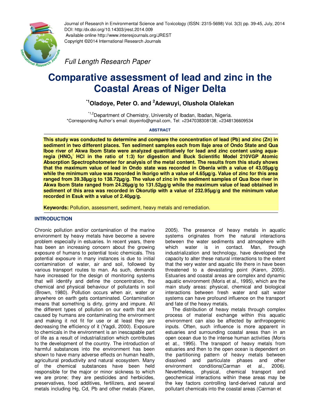 Comparative Assessment of Lead and Zinc in the Coastal Areas of Niger Delta