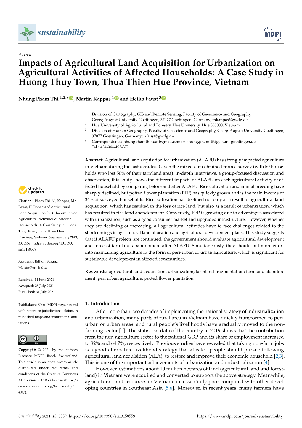 Impacts of Agricultural Land Acquisition for Urbanization on Agricultural Activities of Affected Households: a Case Study In