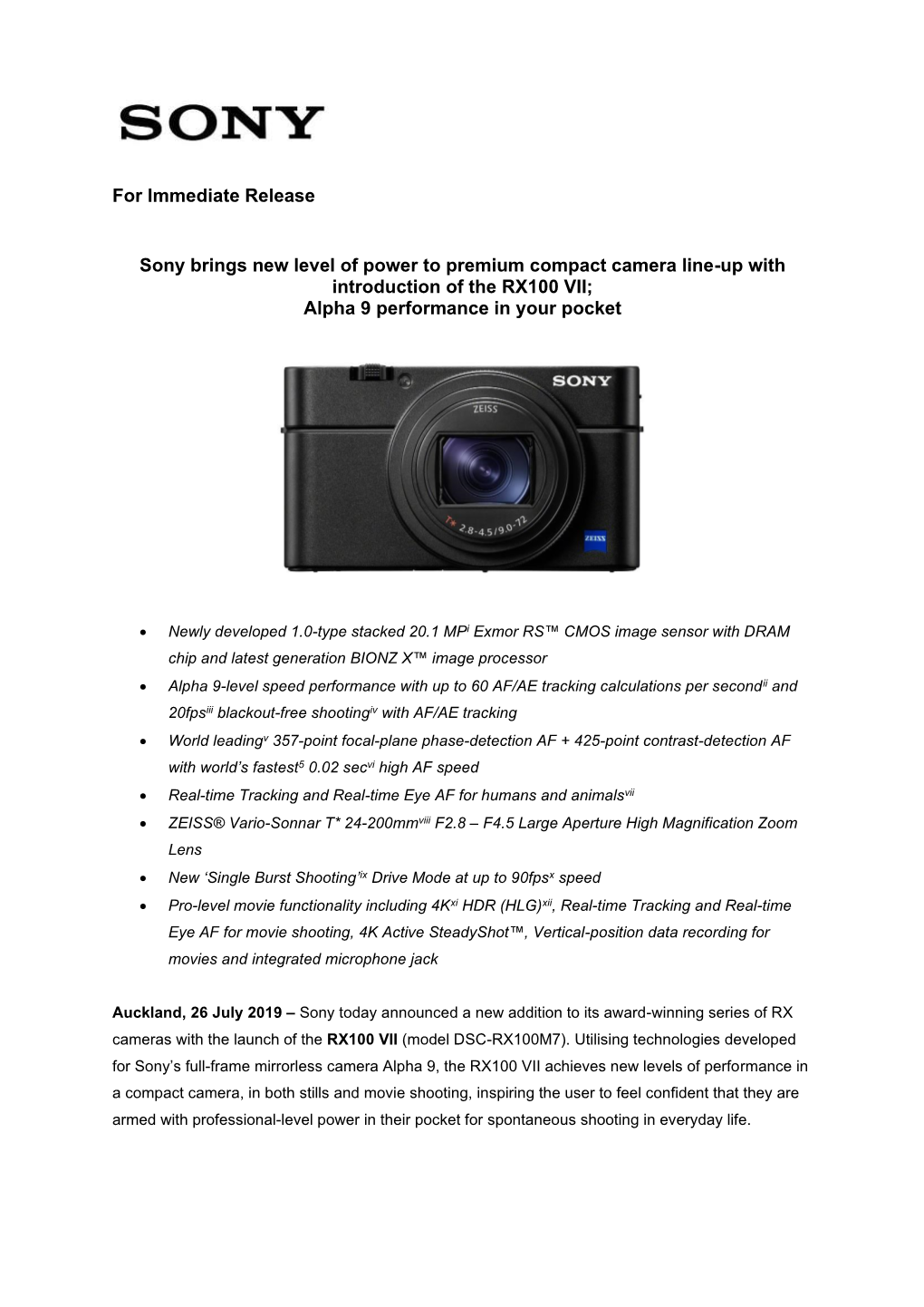 Sony Brings New Level of Power to Premium Compact Camera Line-Up with Introduction of the RX100 VII; Alpha 9 Performance in Your Pocket