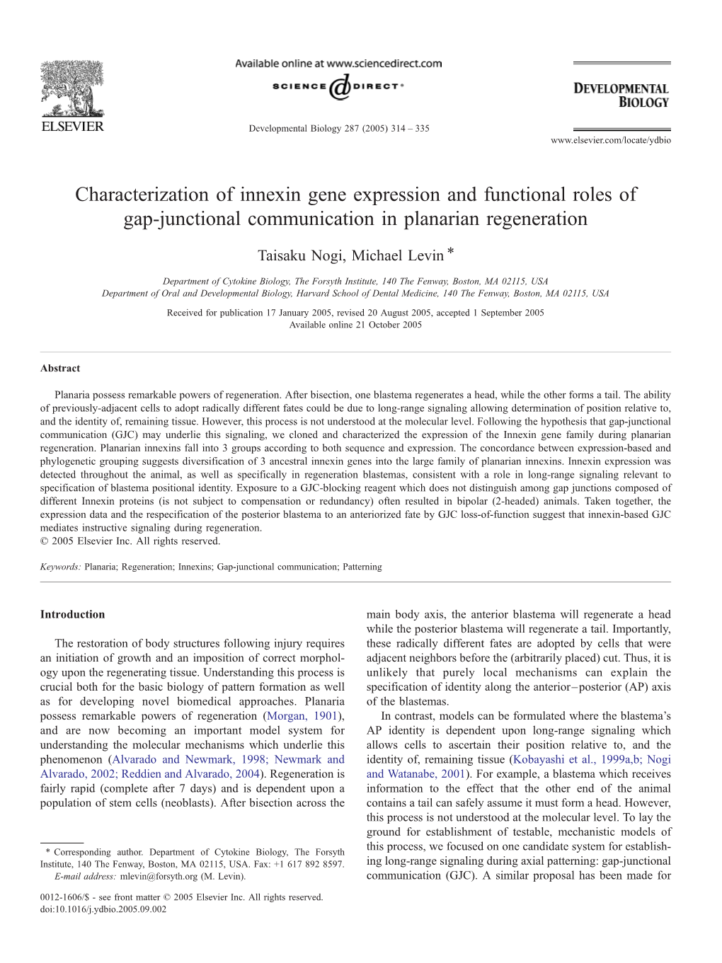 Characterization of Innexin Gene Expression and Functional Roles of Gap-Junctional Communication in Planarian Regeneration