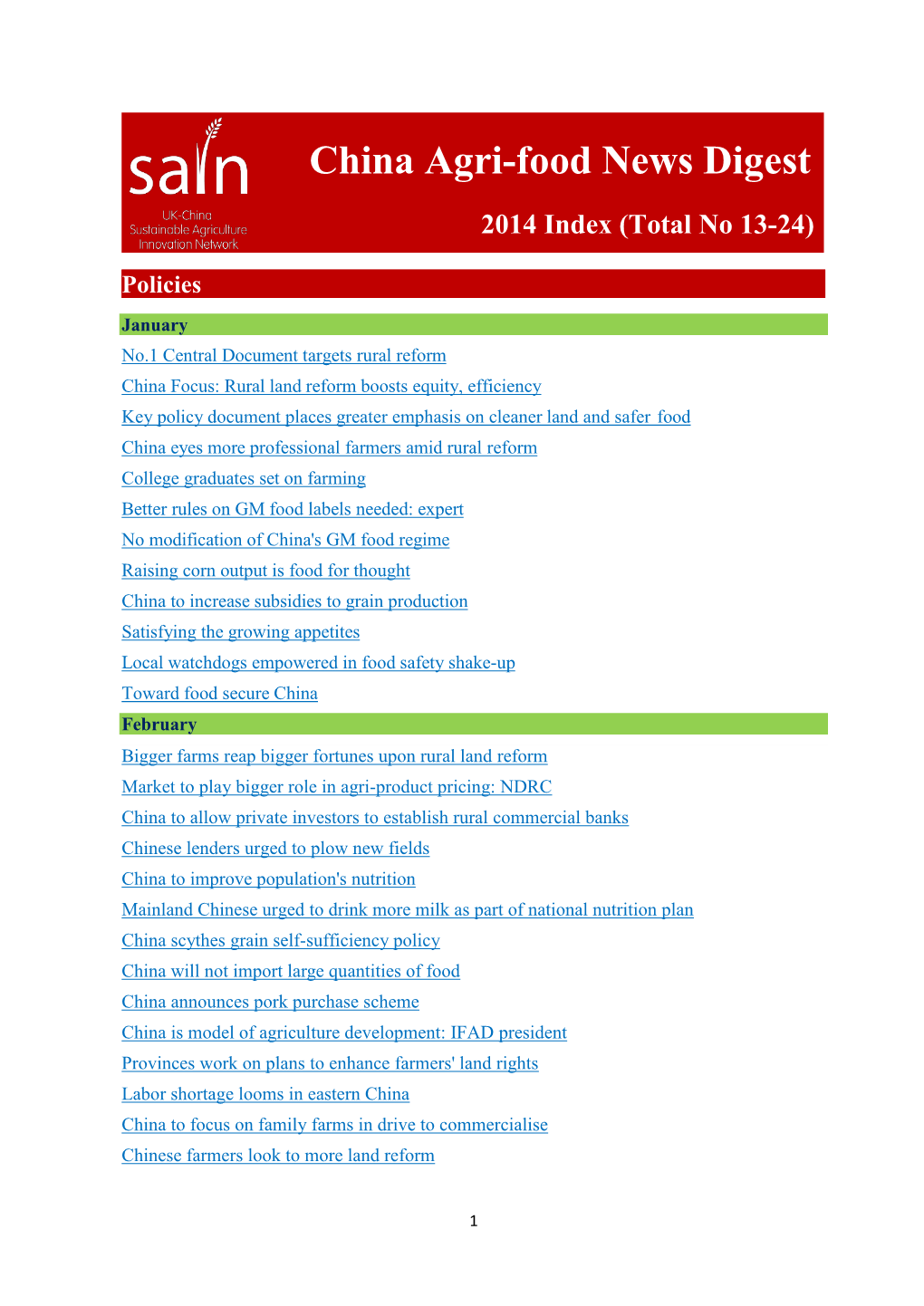 China Agri-Food News Digest 2014 Index
