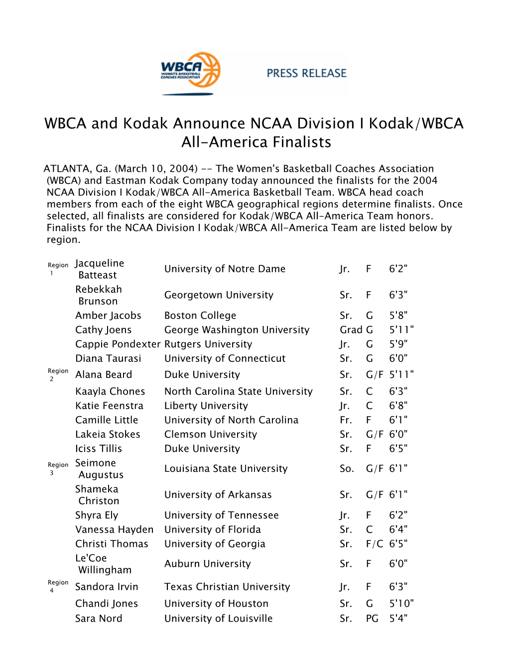 WBCA and Kodak Announce NCAA Division I Kodak/WBCA All-America Finalists