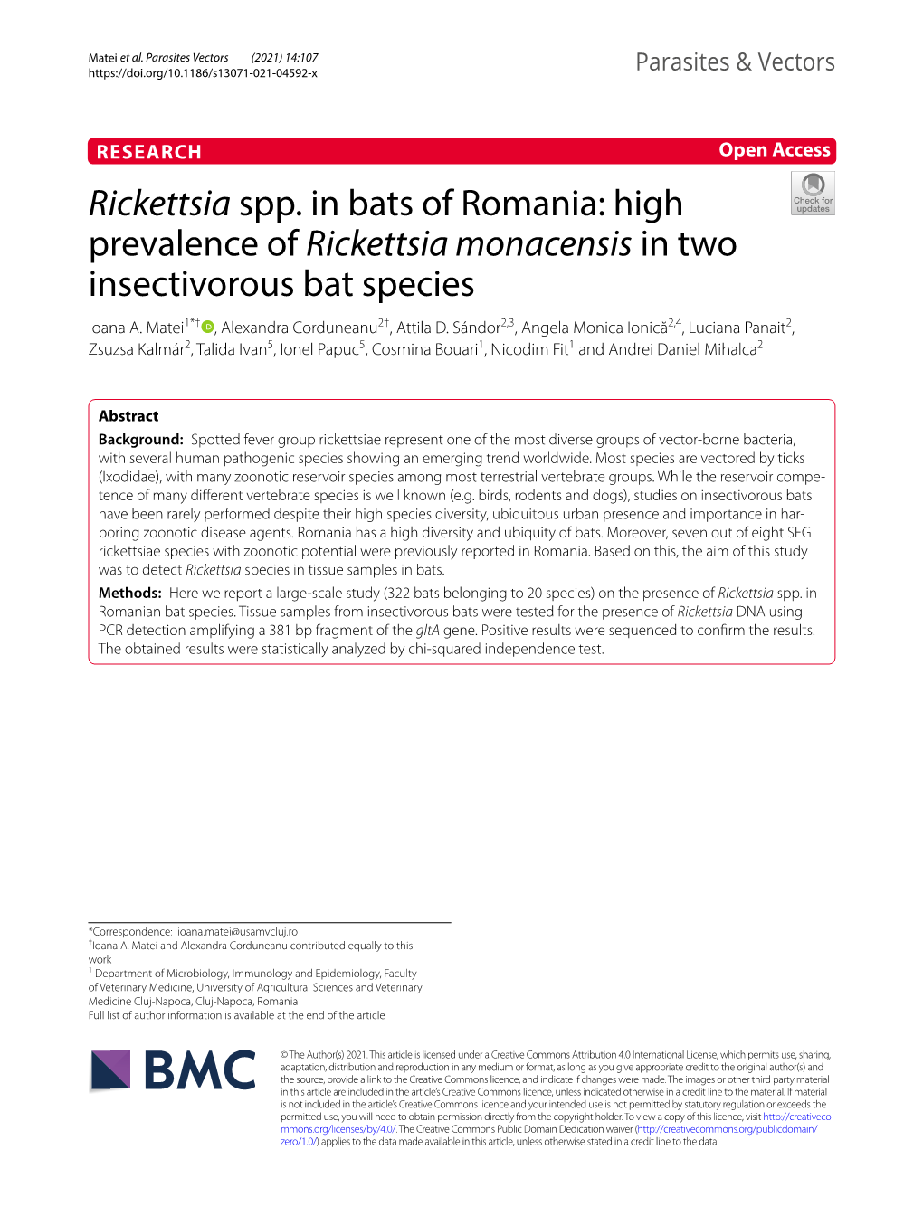 Rickettsia Spp. in Bats of Romania: High Prevalence of Rickettsia Monacensis in Two Insectivorous Bat Species Ioana A