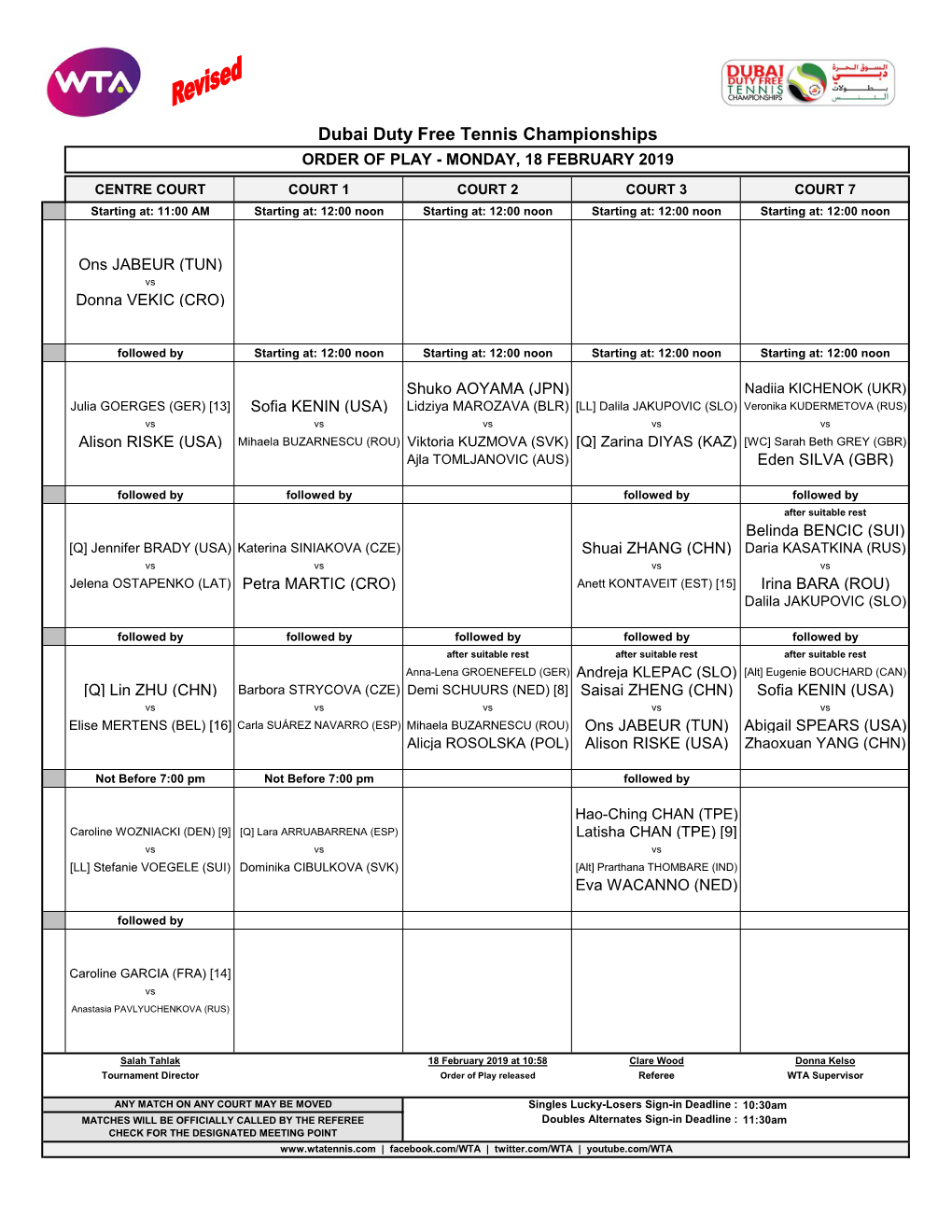 Dubai Duty Free Tennis Championships ORDER of PLAY - MONDAY, 18 FEBRUARY 2019