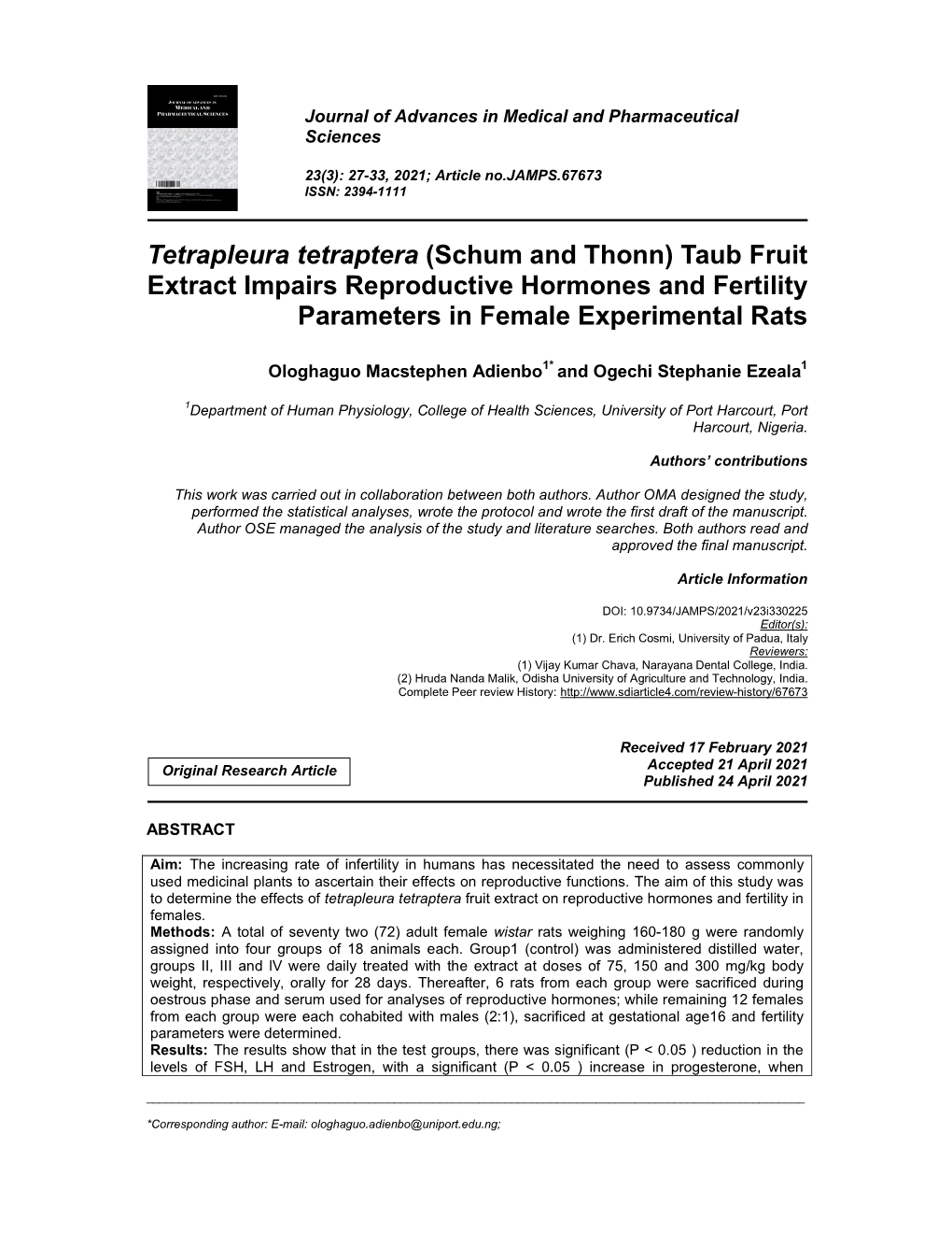 Tetrapleura Tetraptera (Schum and Thonn) Taub Fruit Extract Impairs Reproductive Hormones and Fertility Parameters in Female Experimental Rats
