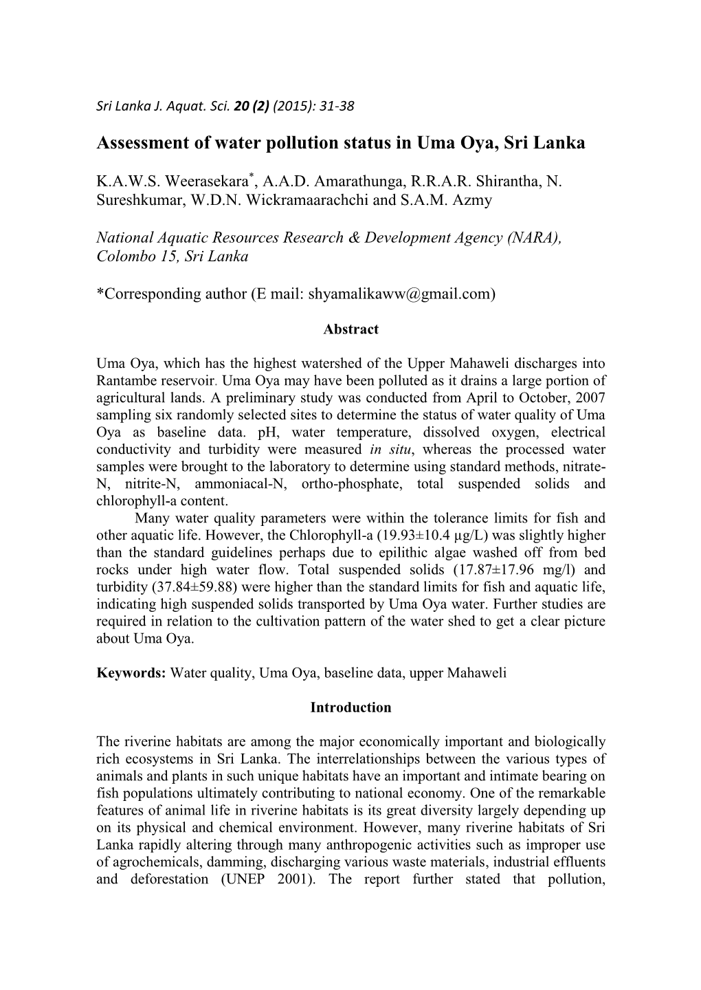 Assessment of Water Pollution Status in Uma Oya, Sri Lanka