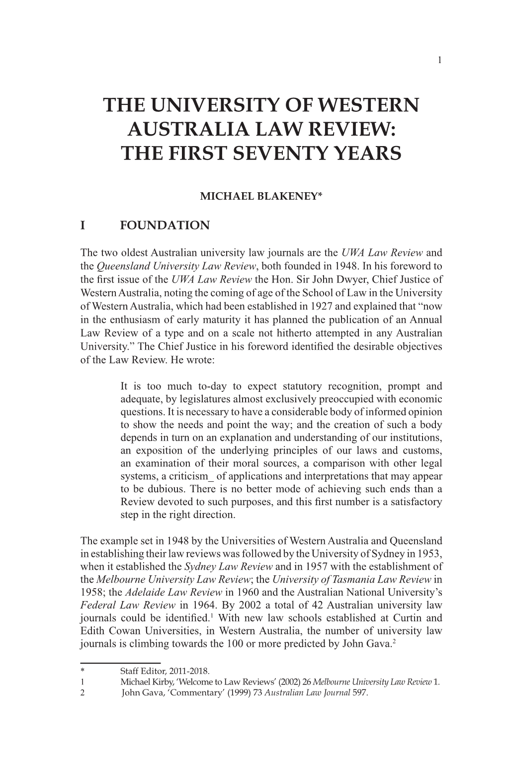 The University of Western Australia Law Review: the First Seventy Years