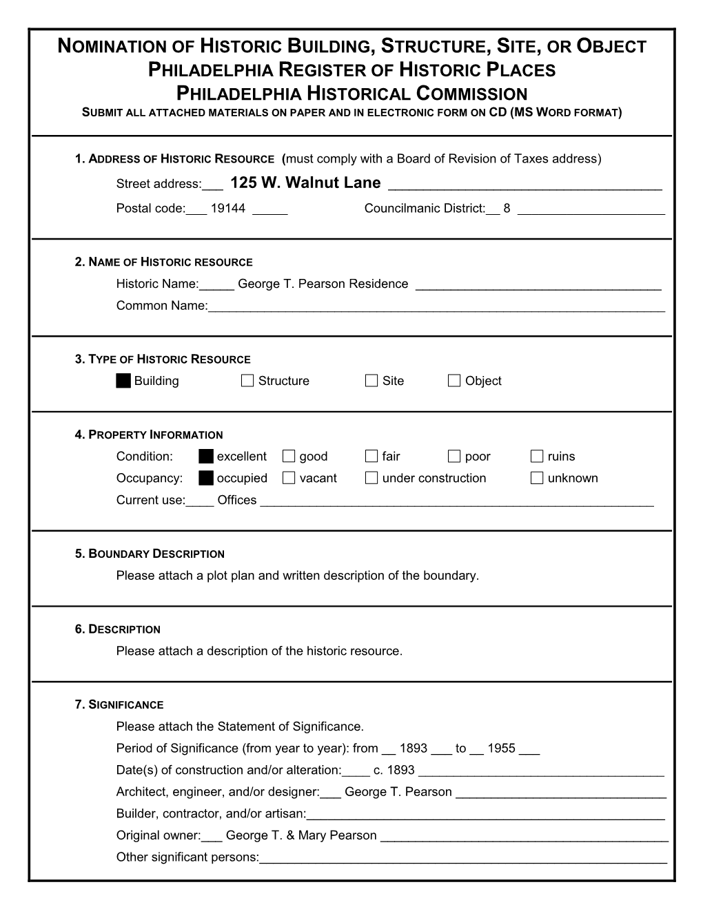 Nomination of Historic Building, Structure, Site, Or