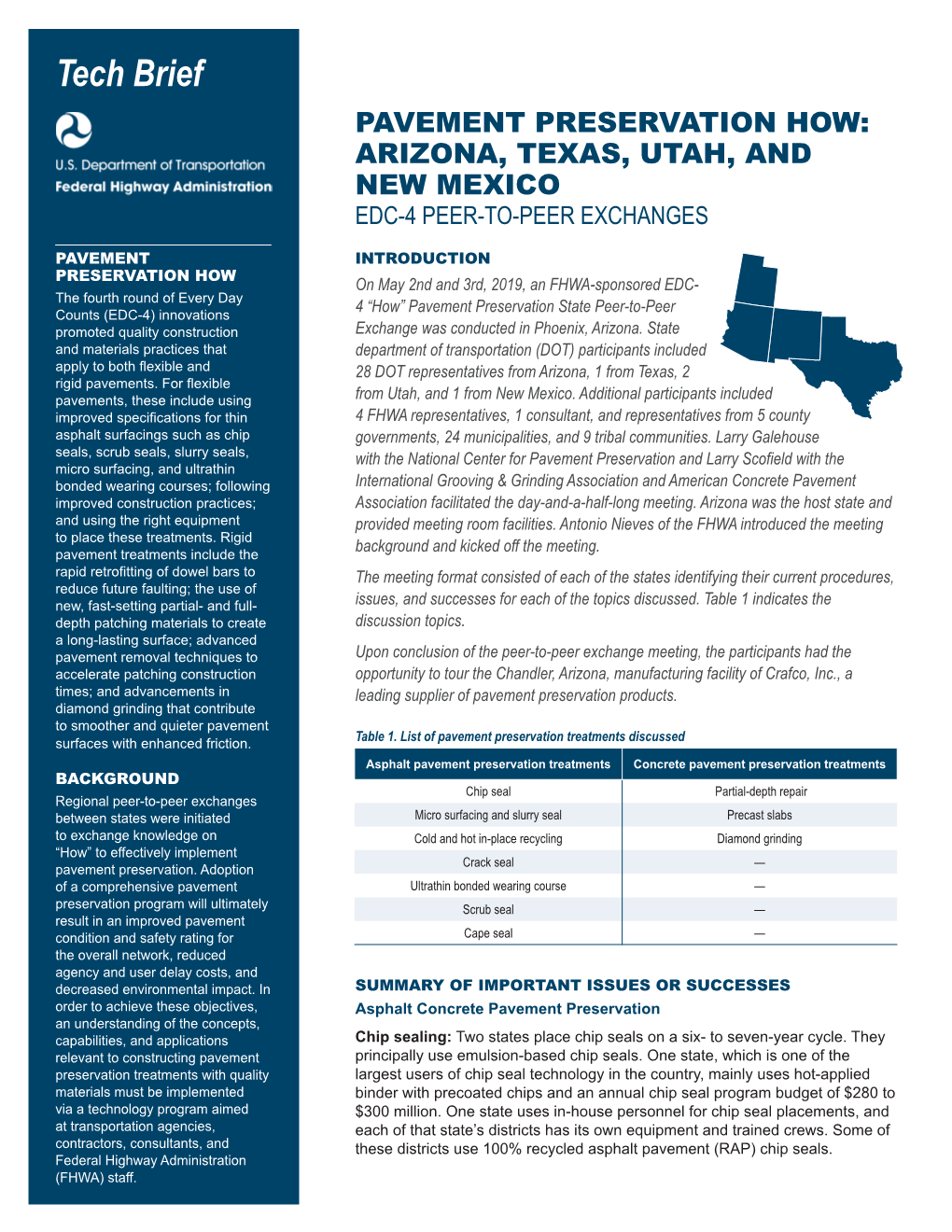 Pavement Preservation How: Arizona, Texas, Utah, and New Mexico Edc-4 Peer-To-Peer Exchanges