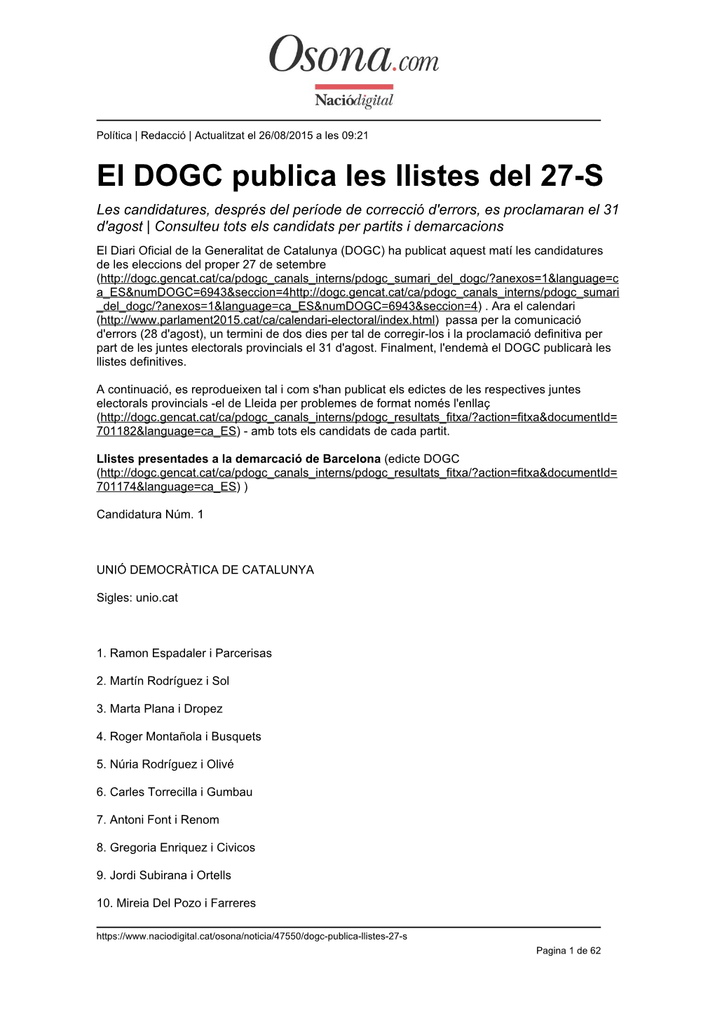 El DOGC Publica Les Llistes Del 27-S
