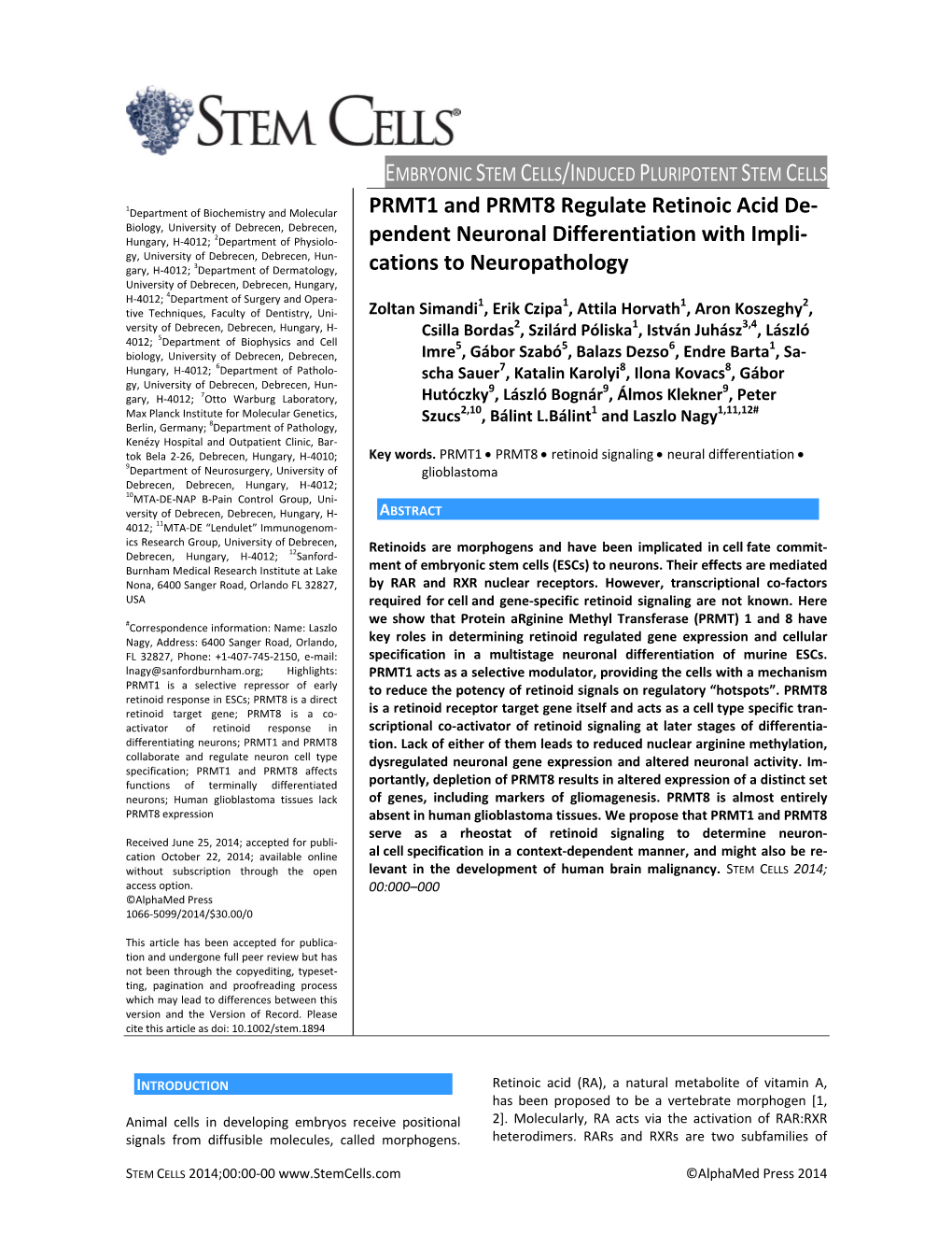 PRMT1 and PRMT8 Regulate Retinoic Acid Dependent Neuronal