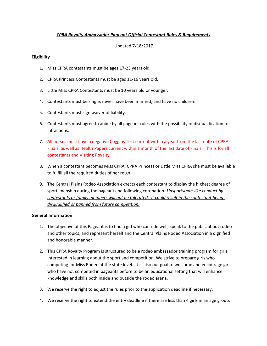 CPRA Royalty Ambassador Pageant Official Contestant Rules & Requirements