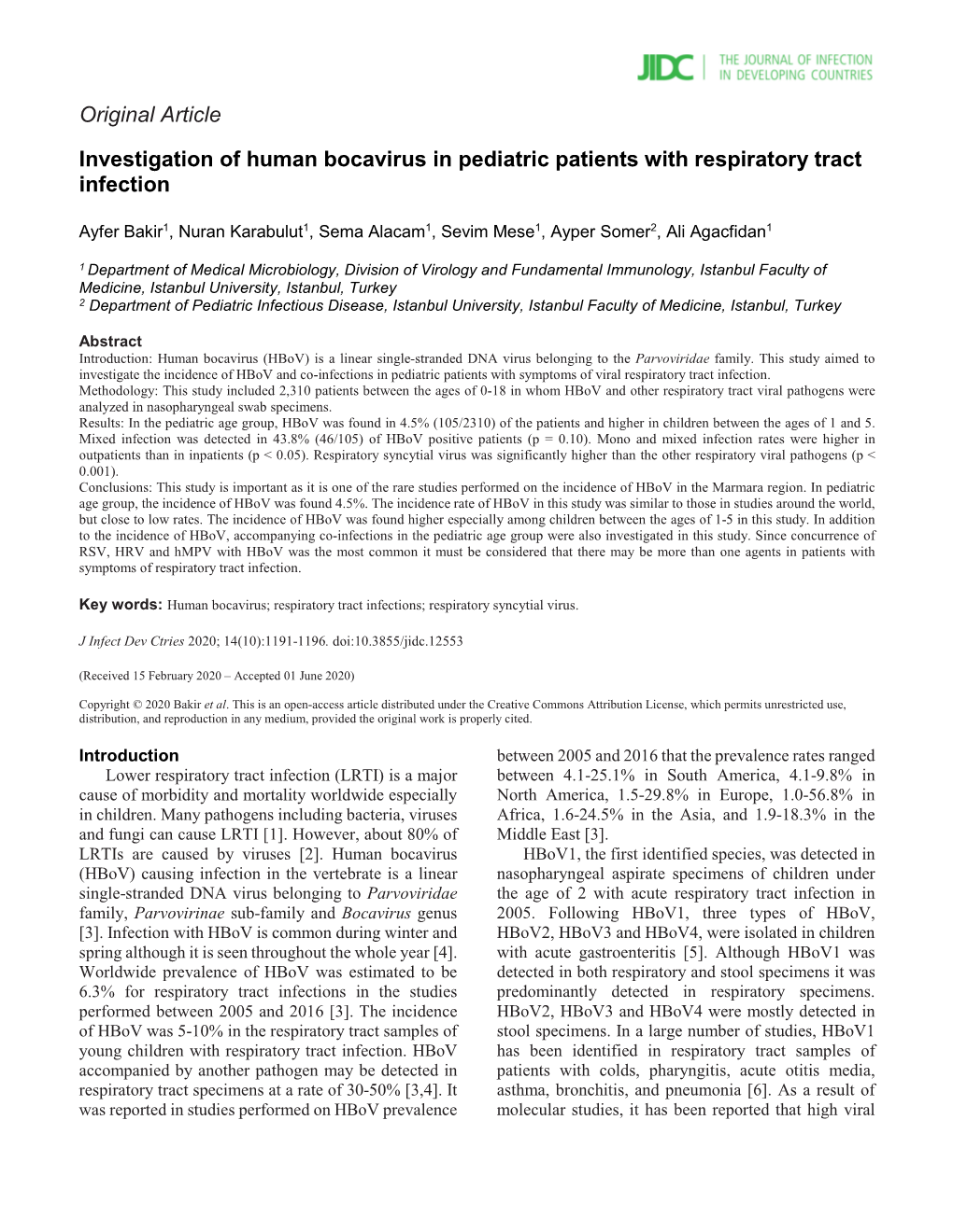 Investigation of Human Bocavirus in Pediatric Patients with Respiratory Tract Infection