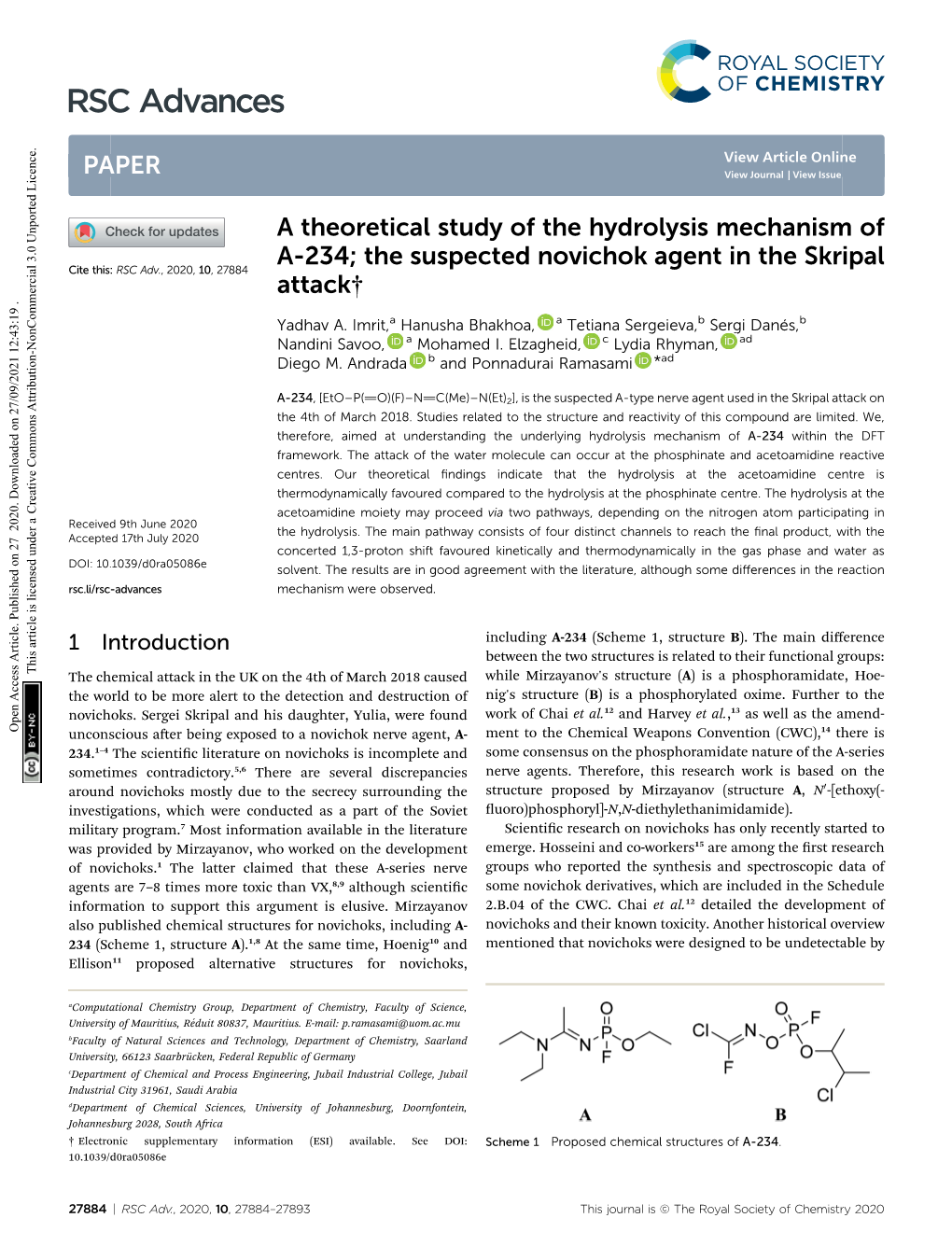 A Theoretical Study of the Hydrolysis Mechanism of A-234; the Suspected Novichok Agent in the Skripal Cite This: RSC Adv., 2020, 10, 27884 Attack†