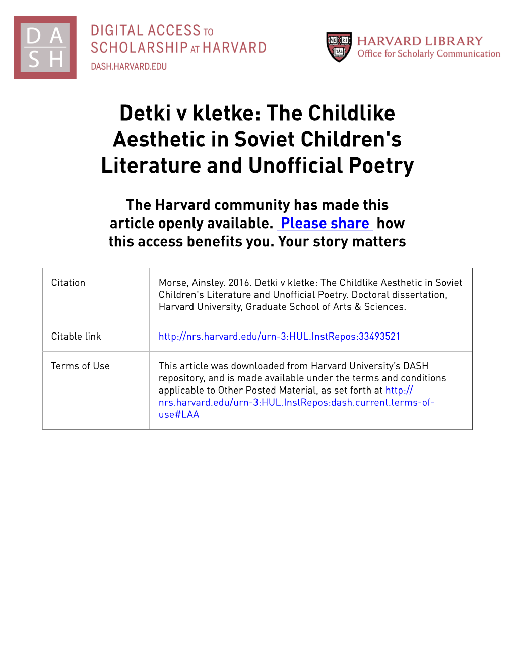 Detki V Kletke: the Childlike Aesthetic in Soviet Children's Literature and Unofficial Poetry