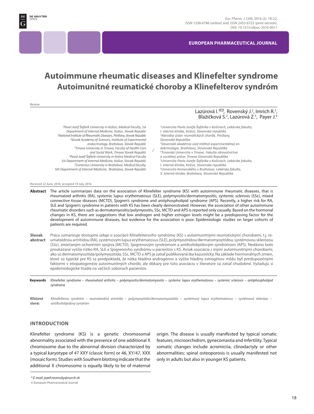 Autoimmune Rheumatic Diseases and Klinefelter Syndrome Autoimunitné Reumatické Choroby a Klinefelterov Syndróm