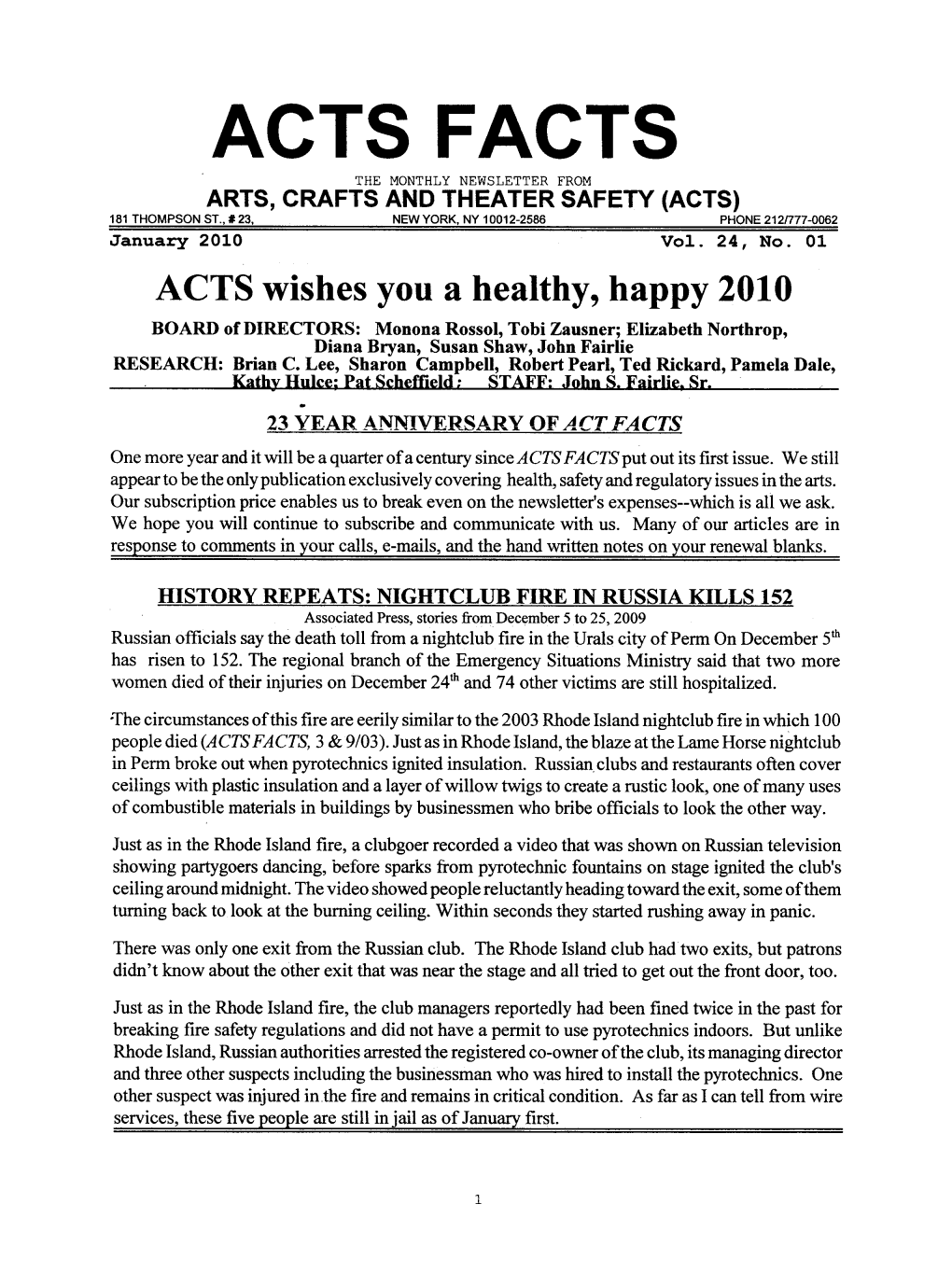Acts Facts the Monthly Newsletter from Arts, Crafts and Theater Safety (Acts) 181 Thompson St., # 23