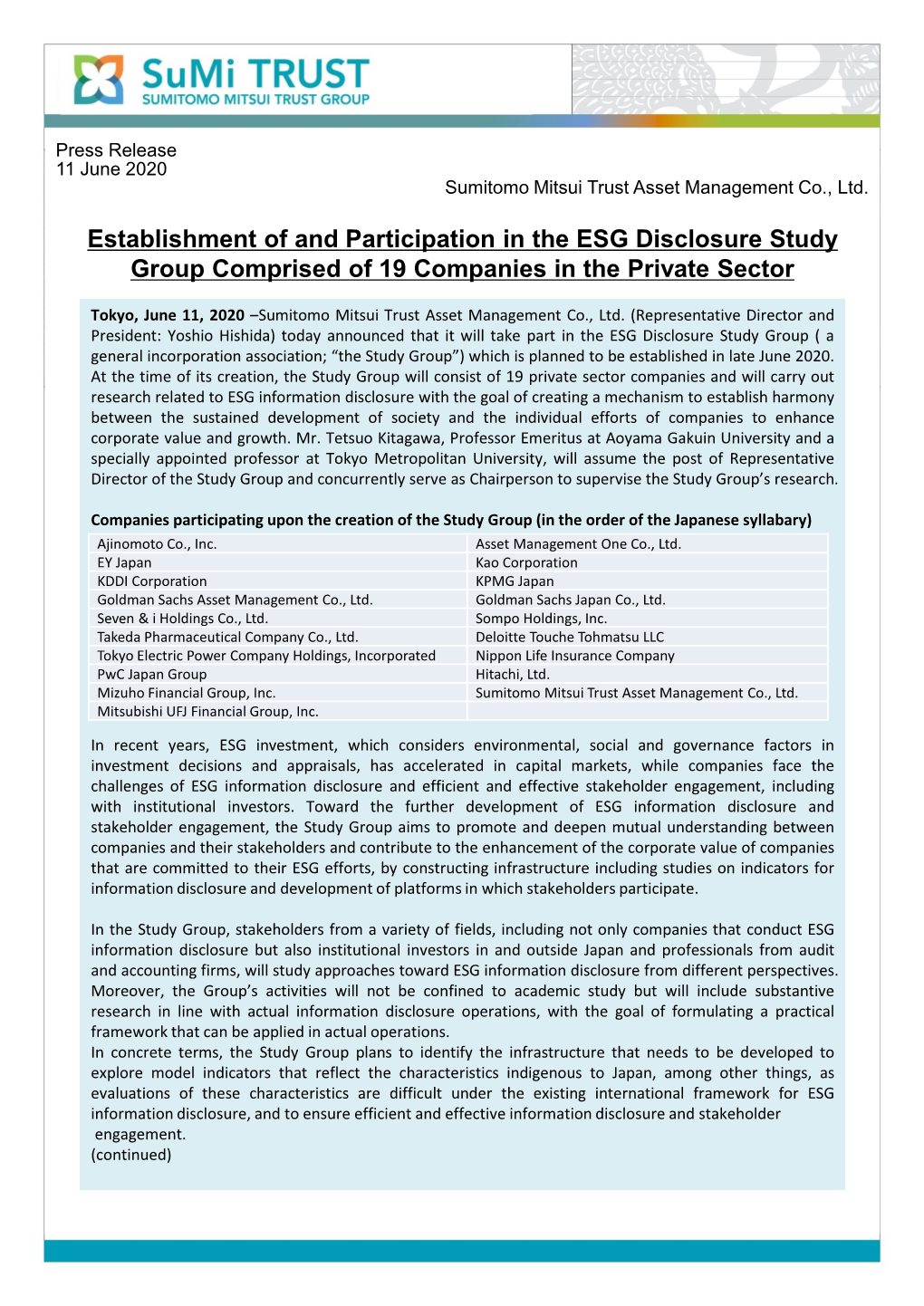 Establishment of and Participation in the ESG Disclosure Study Group Comprised of 19 Companies in the Private Sector