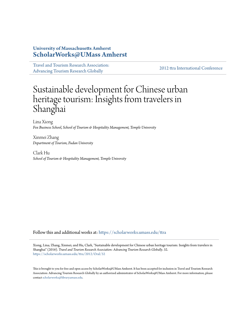 Sustainable Development for Chinese Urban Heritage Tourism: Insights