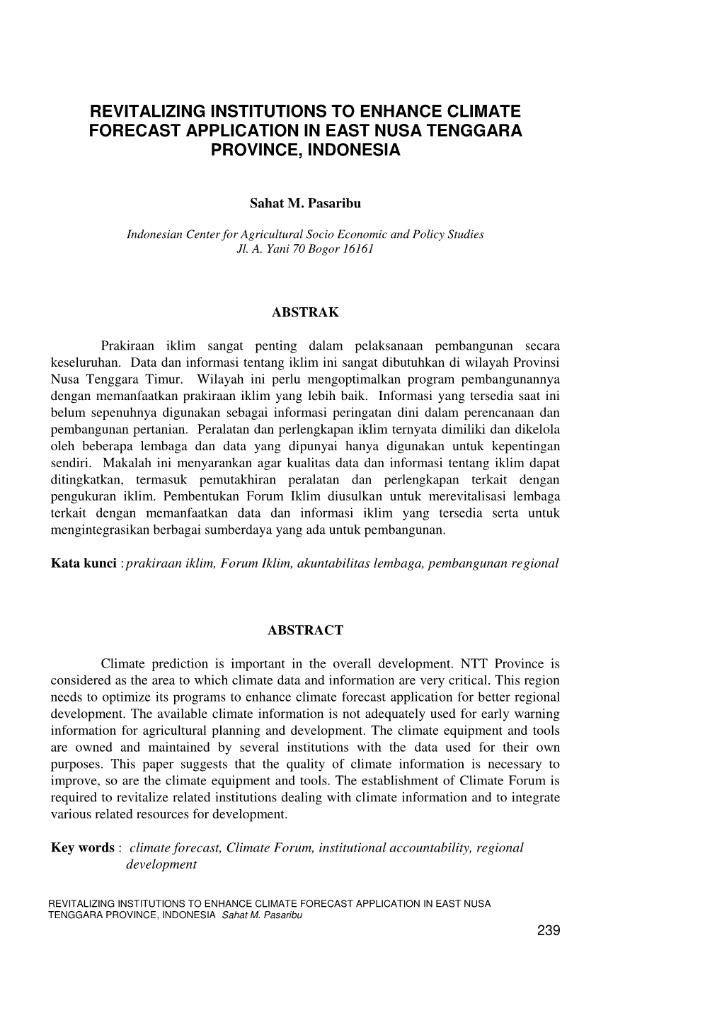 Revitalizing Institutions to Enhance Climate Forecast Application in East Nusa Tenggara Province, Indonesia