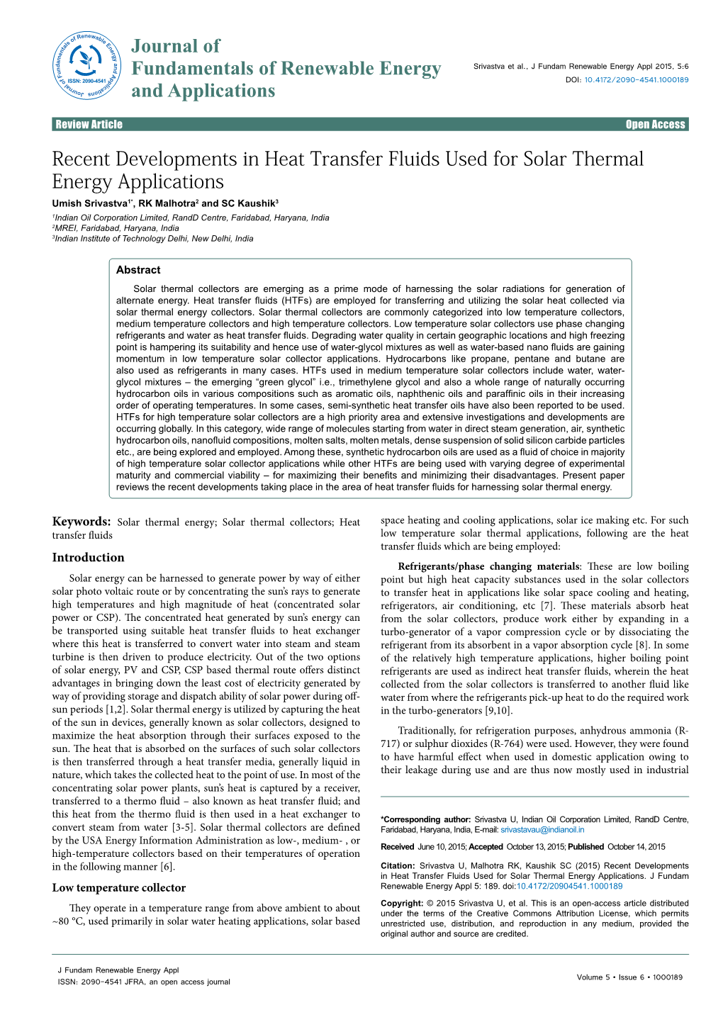 Recent Developments in Heat Transfer Fluids Used for Solar