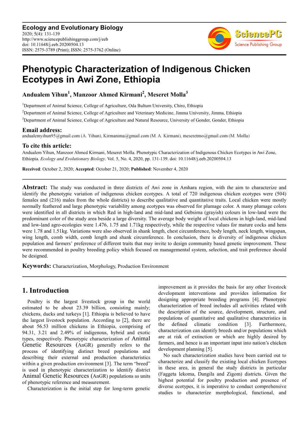 Phenotypic Characterization of Indigenous Chicken Ecotypes in Awi Zone, Ethiopia