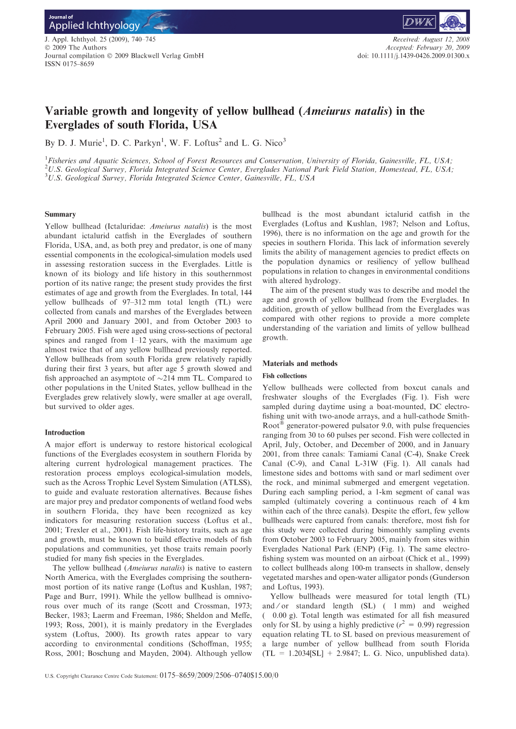 Variable Growth and Longevity of Yellow Bullhead (Ameiurus Natalis) in the Everglades of South Florida, USA by D